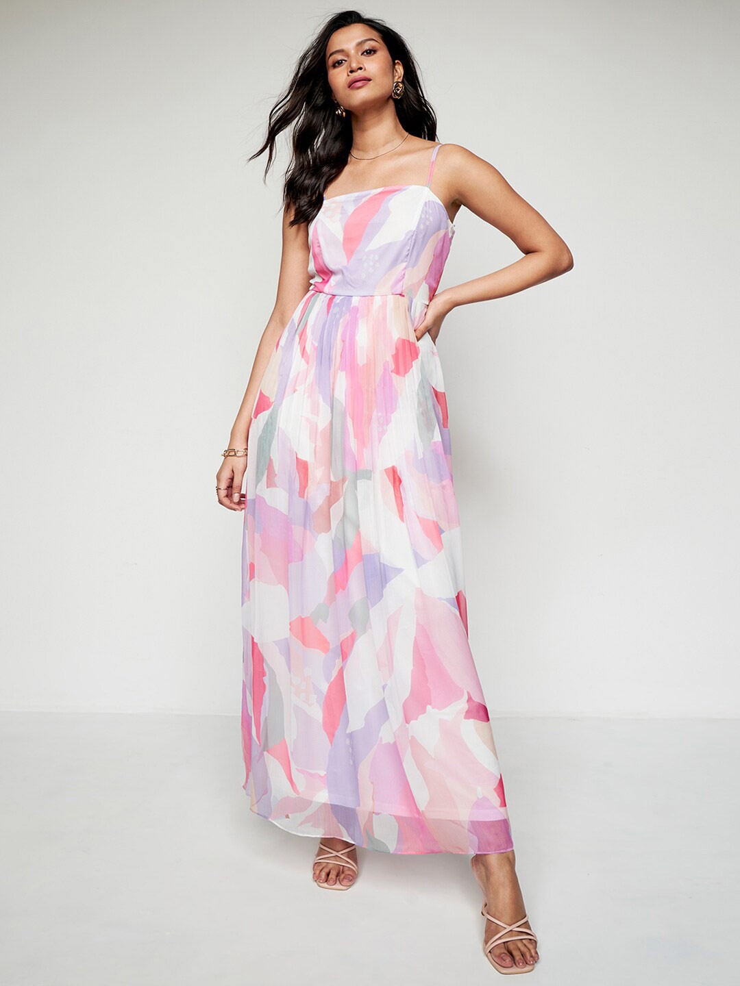 

AND Abstract Printed Shoulder Straps Maxi Fit & Flare Dress, Pink