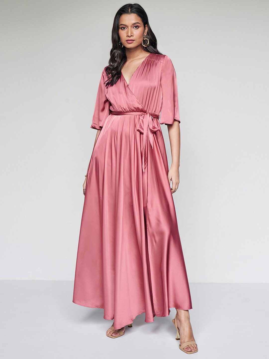 

AND Flared Sleeves Belted Pleated Midi Wrap Dress, Pink