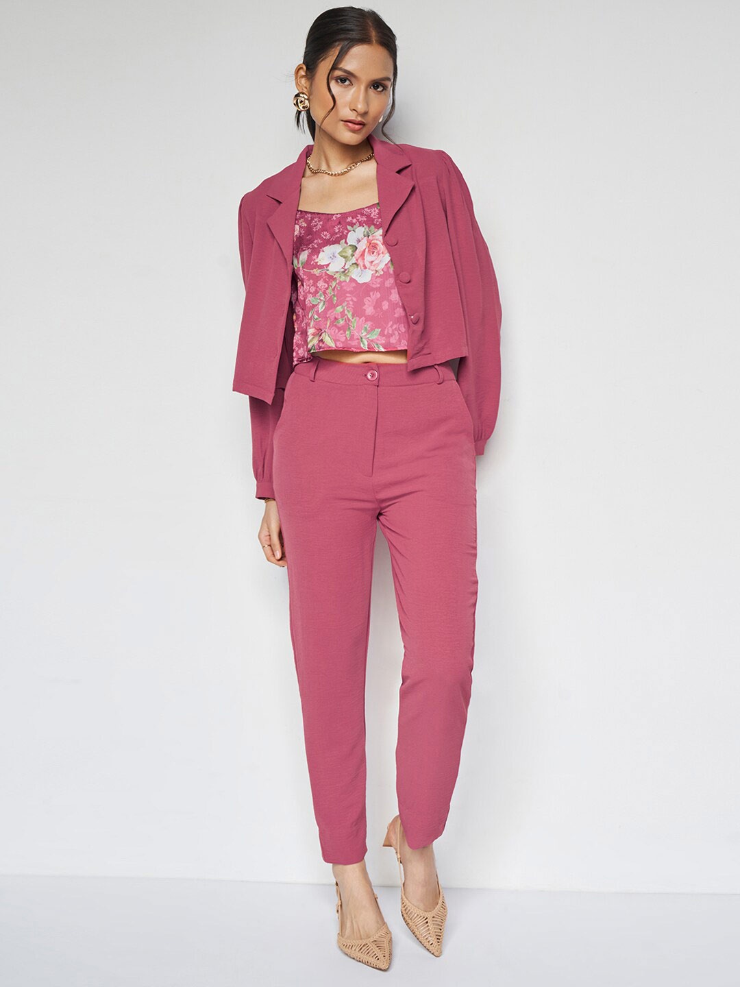 

AND Printed Top With Trousers & Shrug, Pink