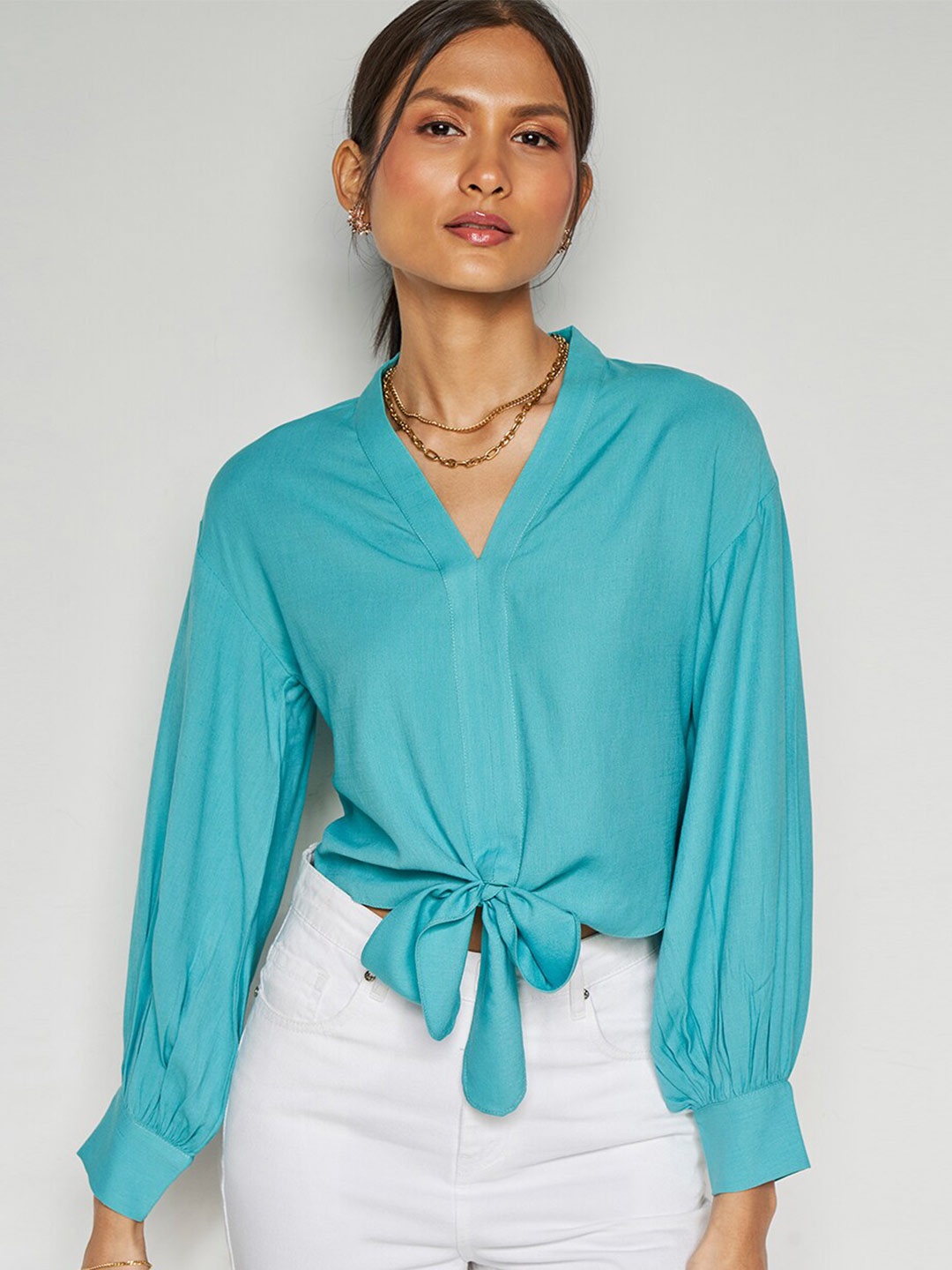 

AND V-Neck Tie-Up Detail Shirt Style Top, Blue