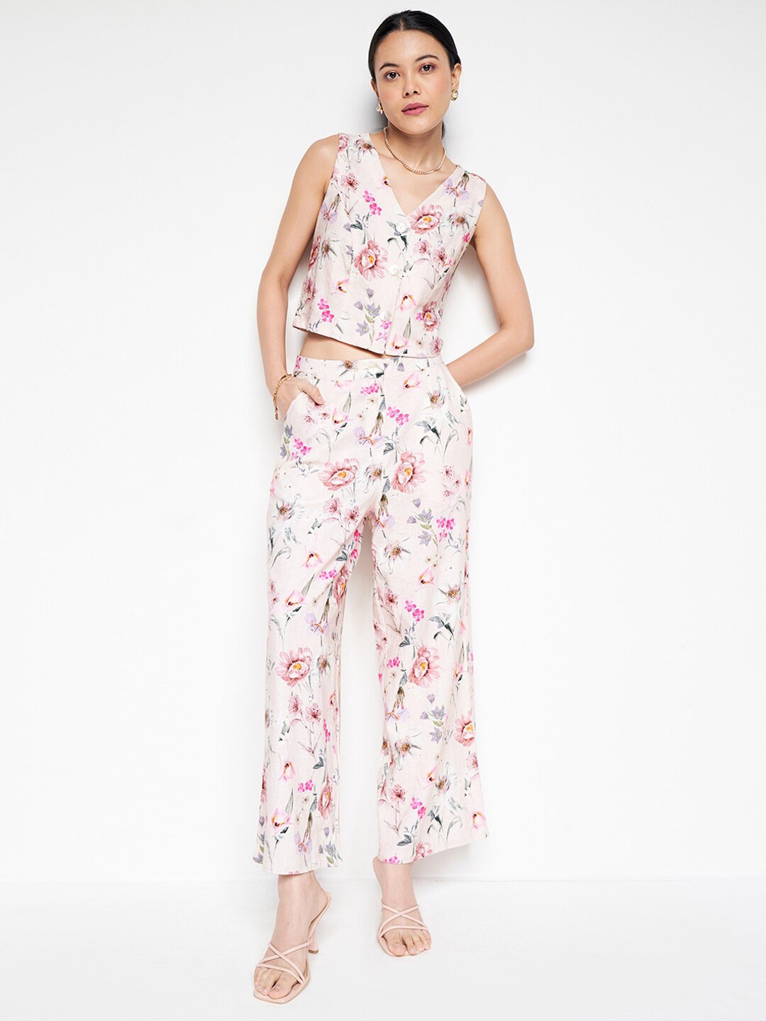 

AND Floral Printed Sleeveless V-Neck Crop Top With Trousers, Cream