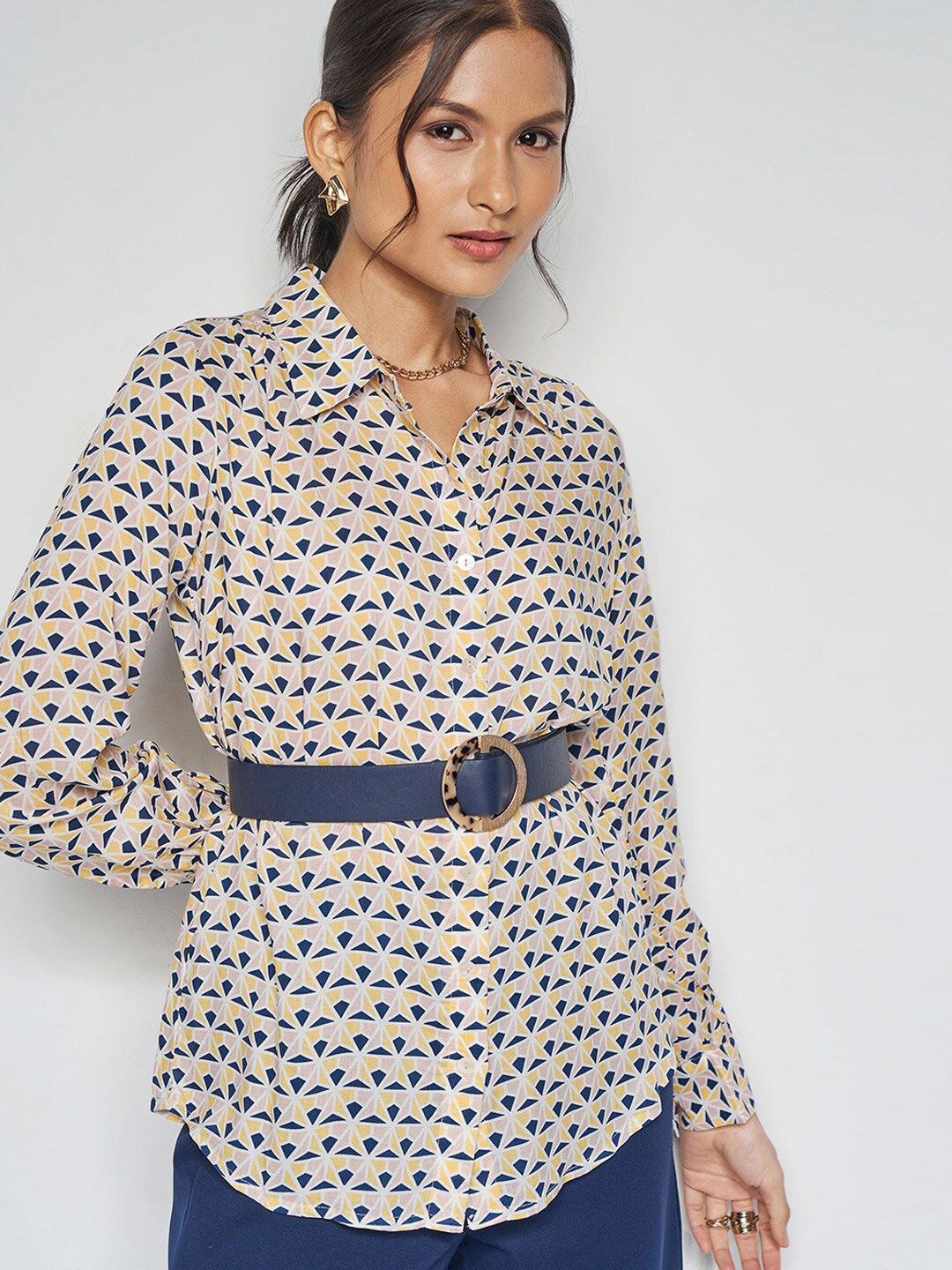 

AND Floral Print Shirt Collar Cuffed Sleeves Opaque Casual Top, Blue