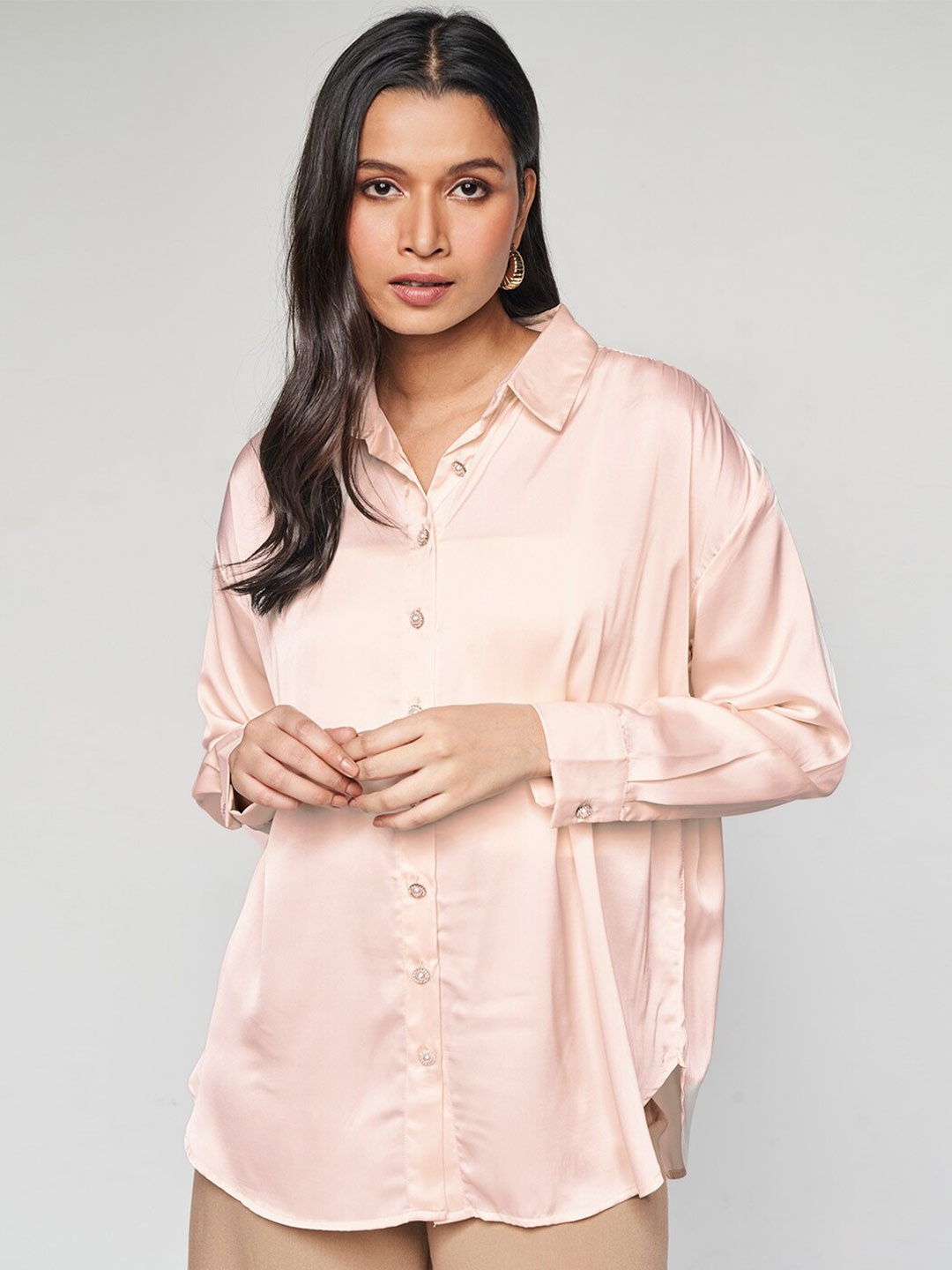 

AND Shirt Collar Long Sleeves Opaque Casual Shirt Style Top, Cream