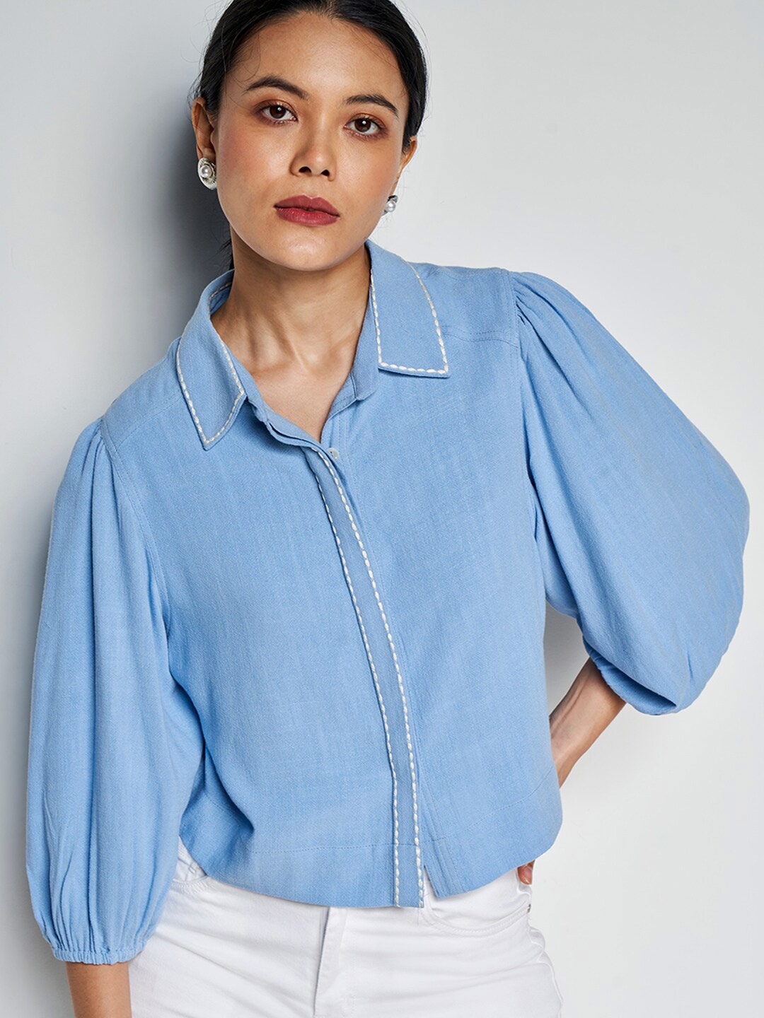 

AND Puff Sleeves Shirt Style Top, Blue