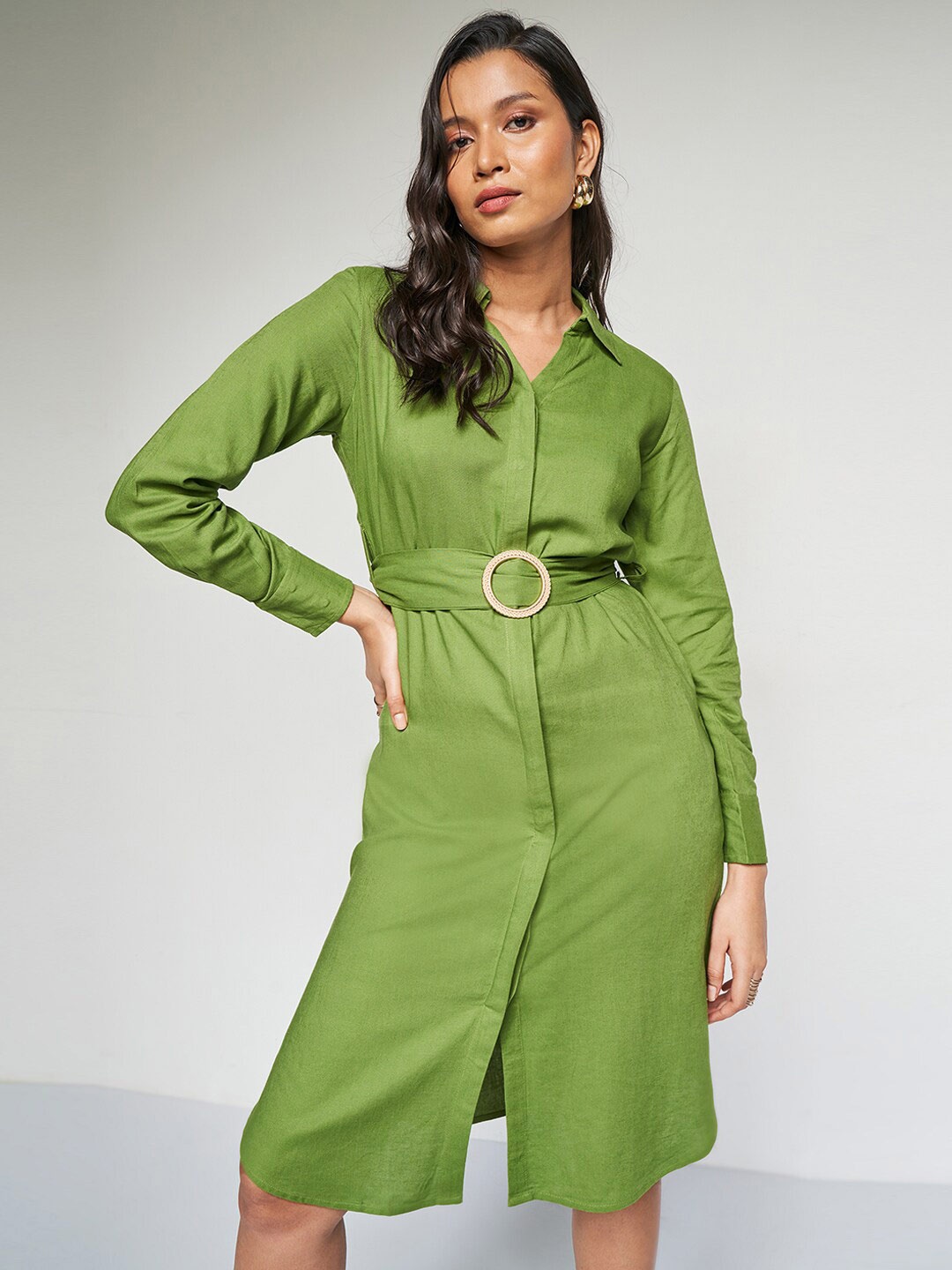 

AND Belted Linen Shirt Dress, Green