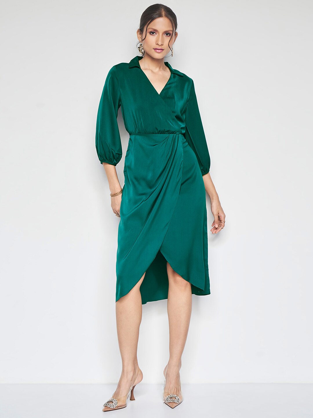 

AND Shirt Collar Tulip Midi Wrap Dress, Green
