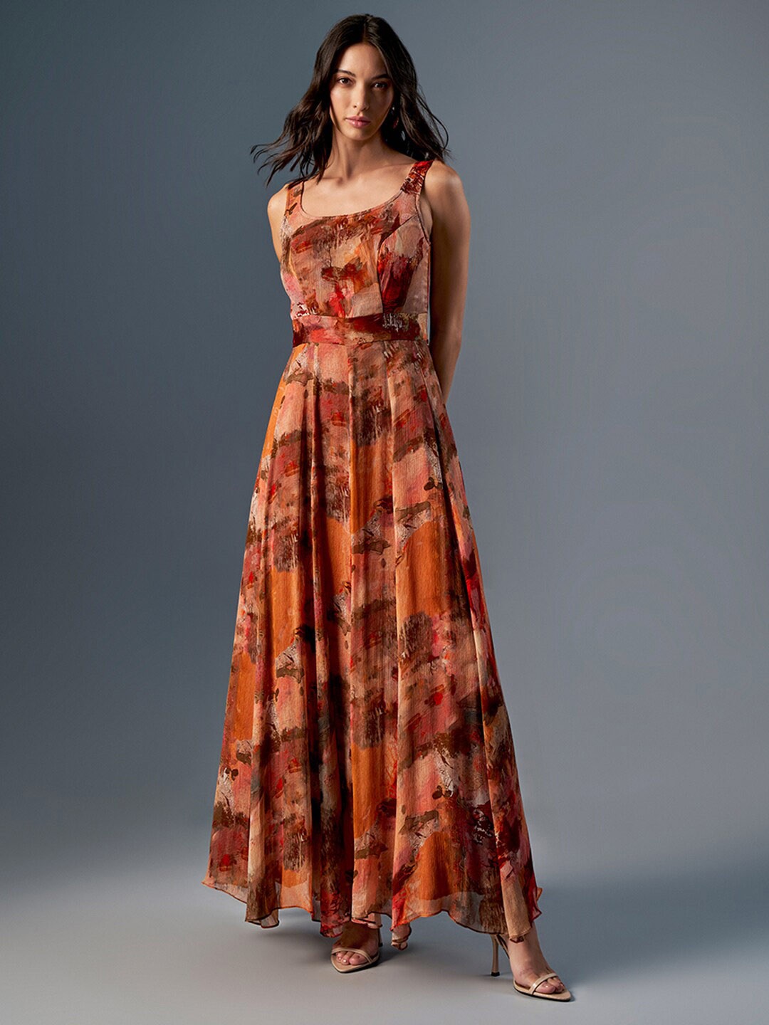 

AND Abstract Printed Sleeveless Square Neck Maxi Fit & Flare Dress, Rust