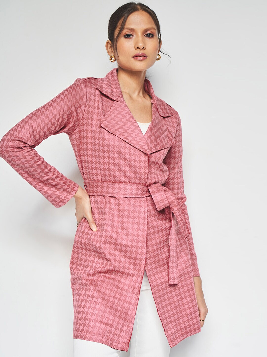 

AND Lapel Collar Checked Longline Tailored Jacket, Pink