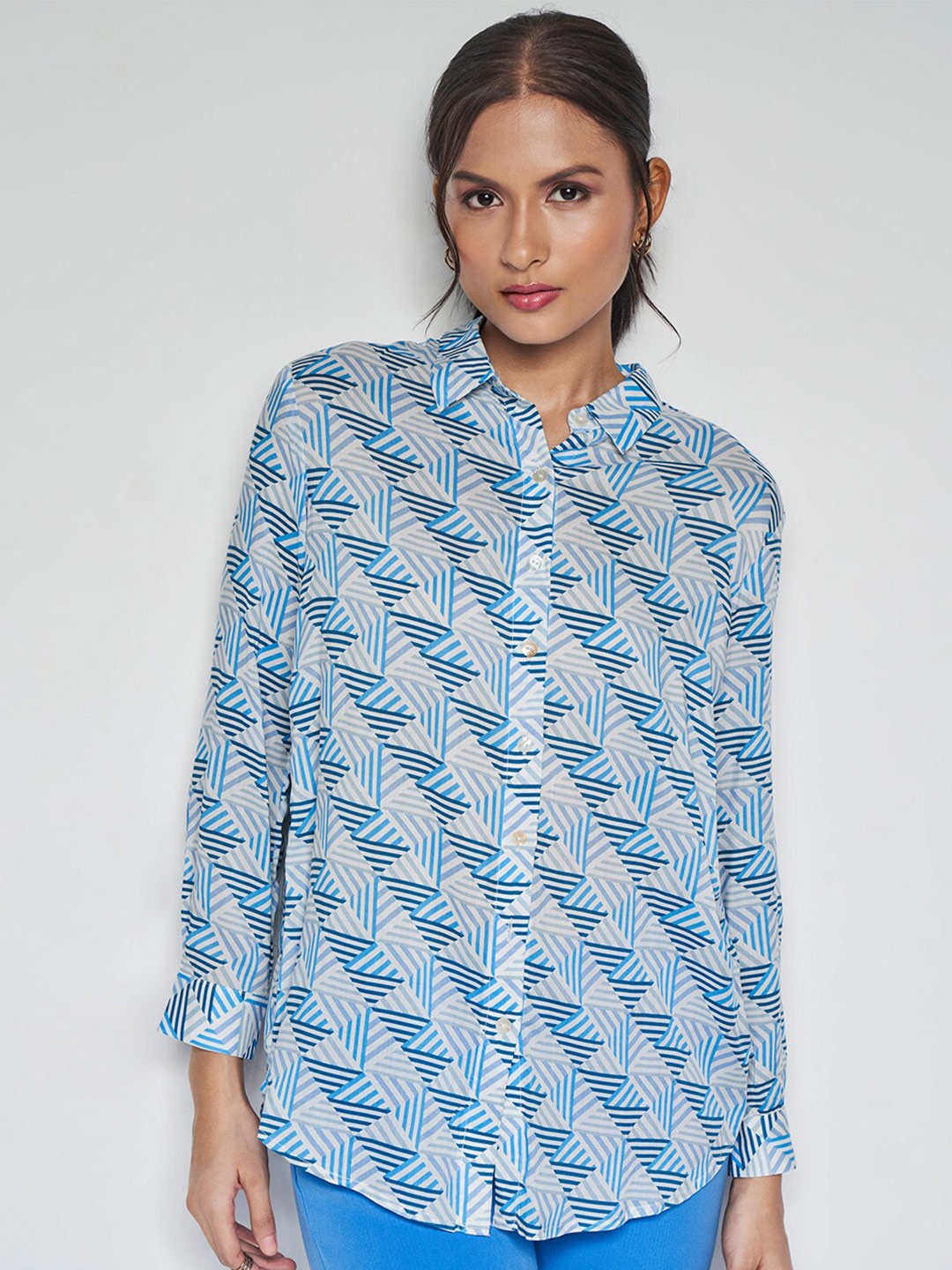 

AND Abstract Print Shirt Collar Opaque Casual Shirt Style Top, Blue