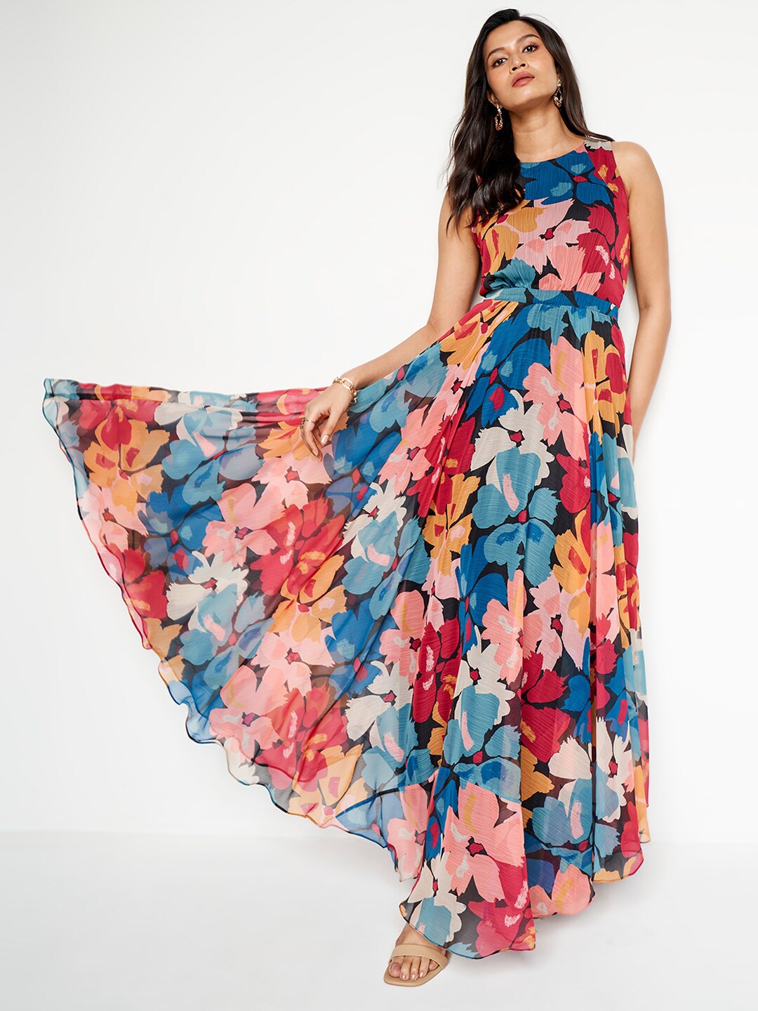 

AND Floral Printed Sleeveless Maxi Fit & Flare Dress, Blue