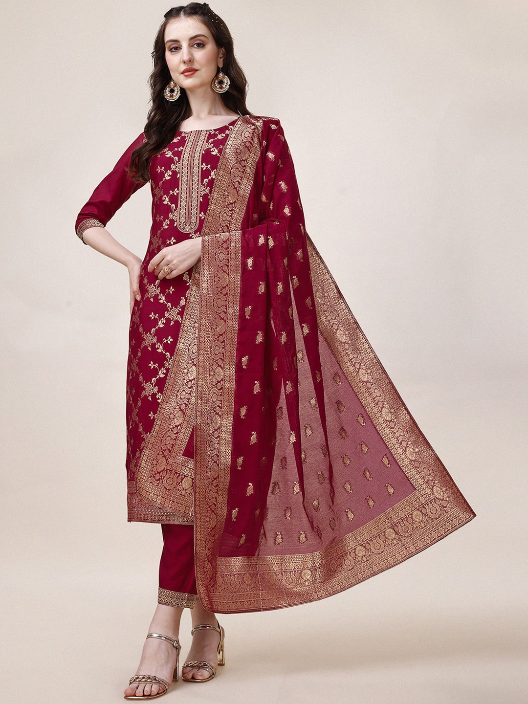 

KALINI Ethnic Motif Woven Design Pure Silk Banarasi Straight Kurta & Trousers With Dupatta, Red