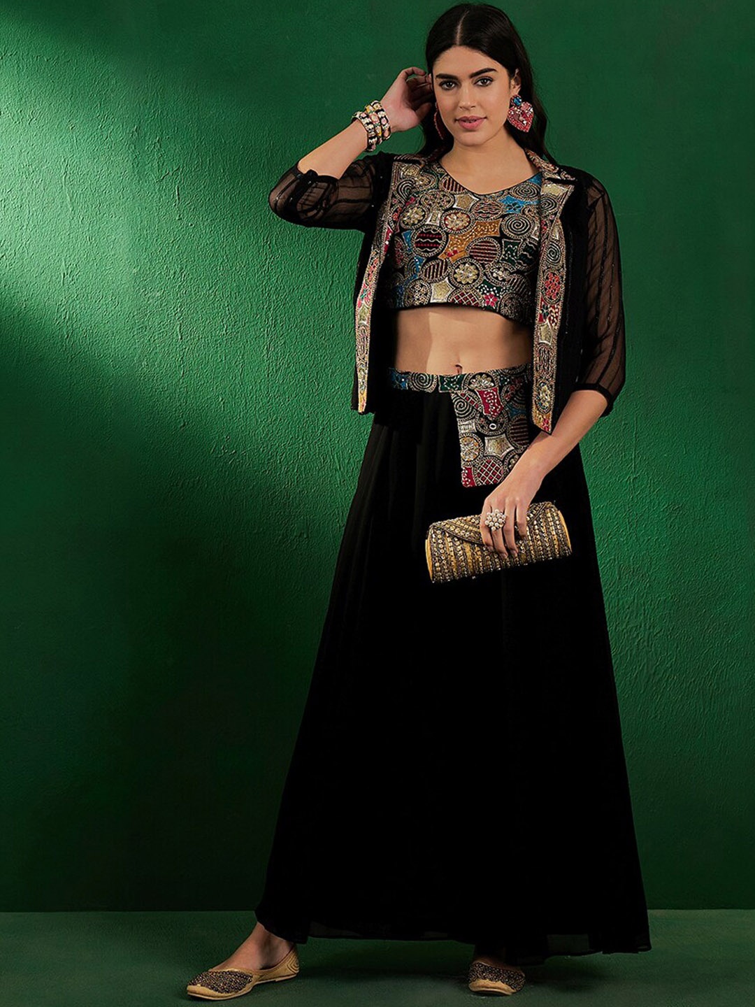 

Sangria Black Embroidered Sequinned Crop Top With Skirt & Jacket