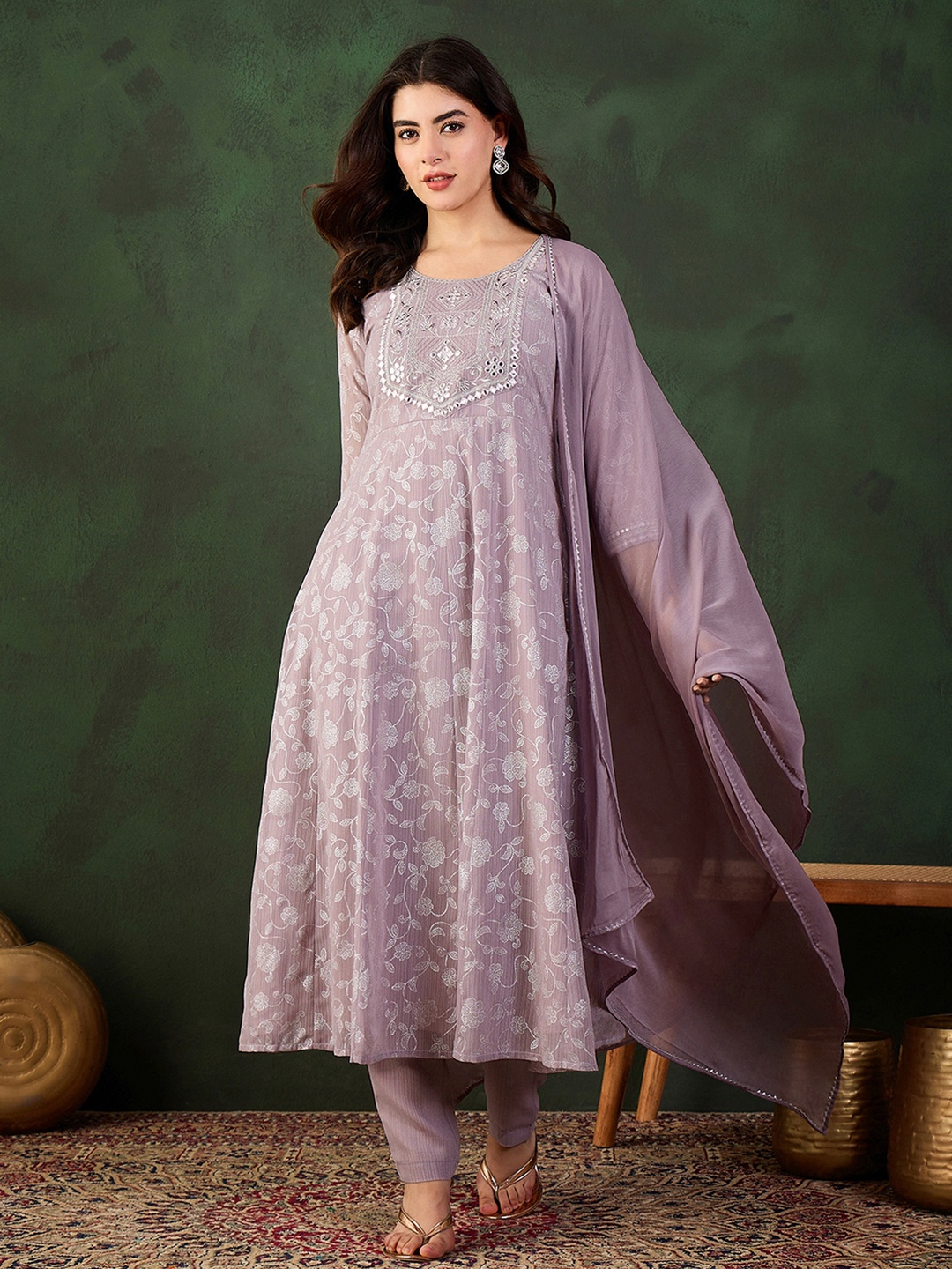 

Sangria Floral Printed Mirror Work Sequined Anarkali Kurta With Trouser & Dupatta, Lavender