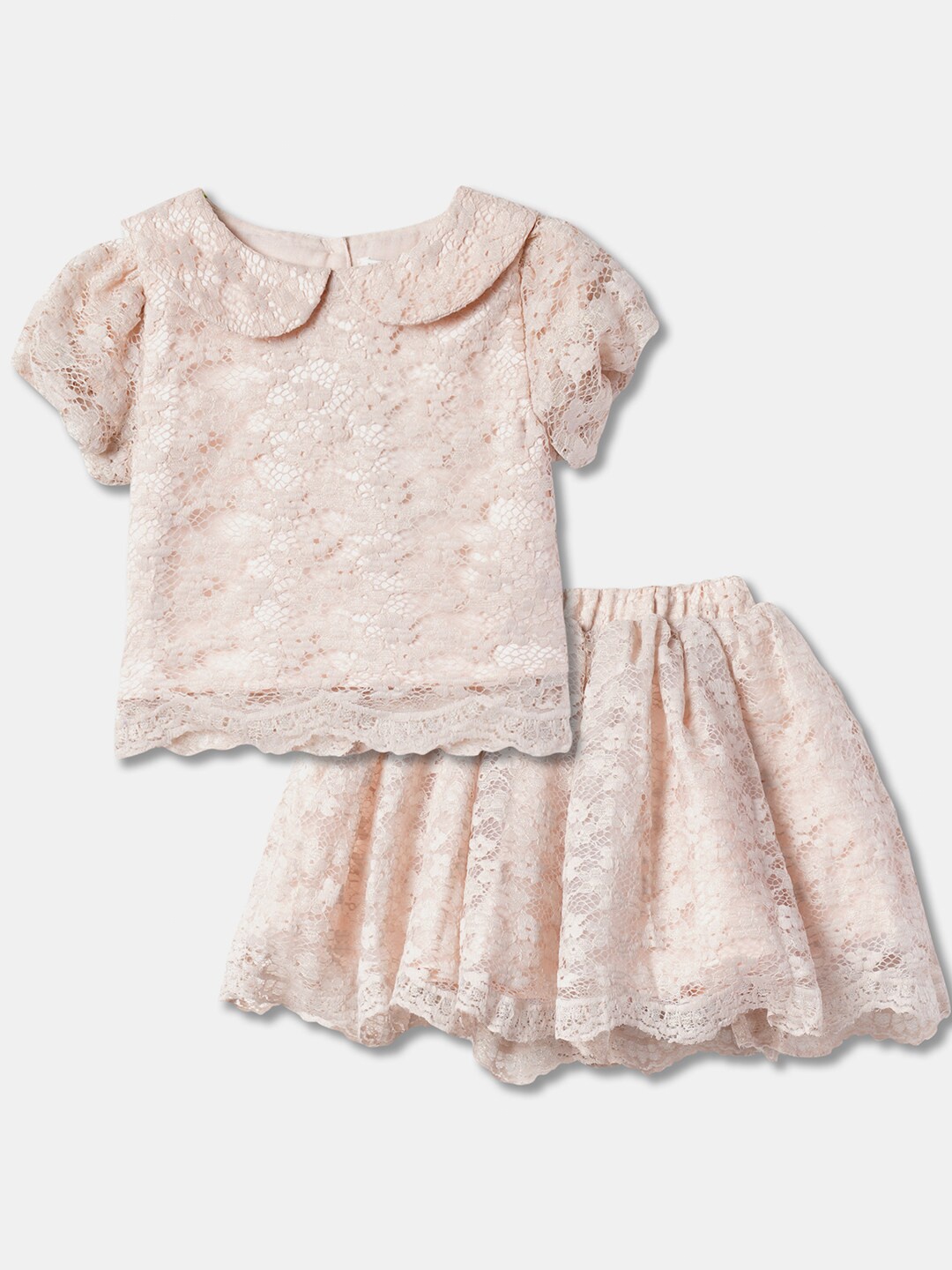 

R&B Girl's Self Design Top With Skirt Clothing Set, Peach