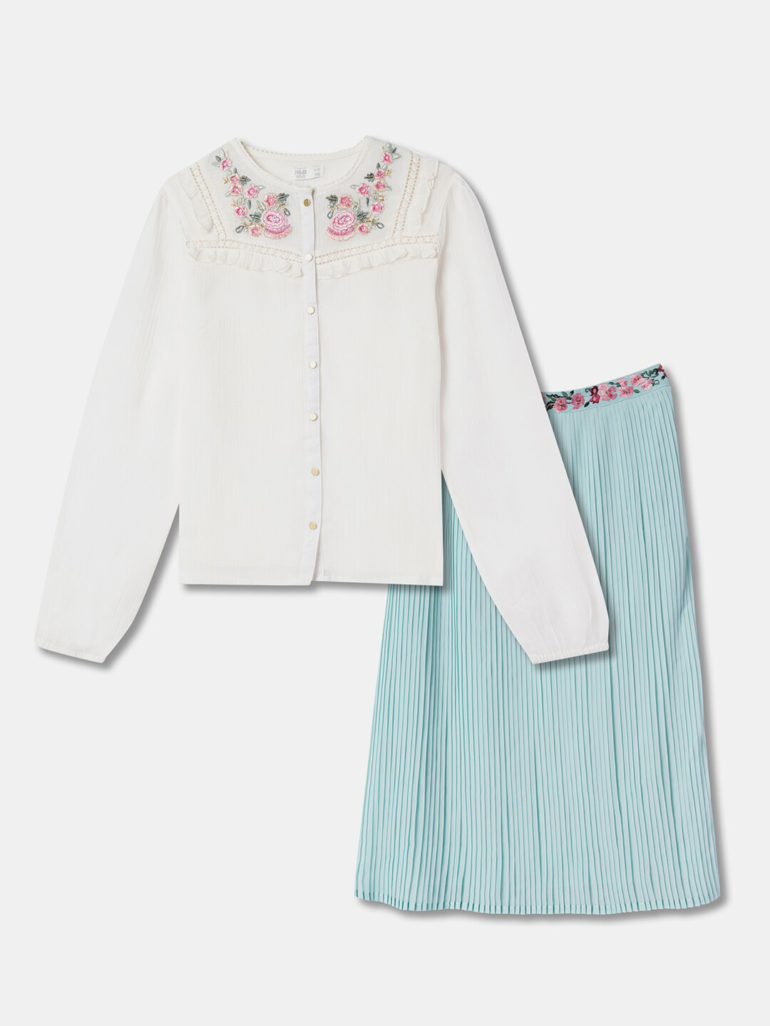 

R&B Girls Floral Embroidered Long Sleeves Top With Skirt, Blue