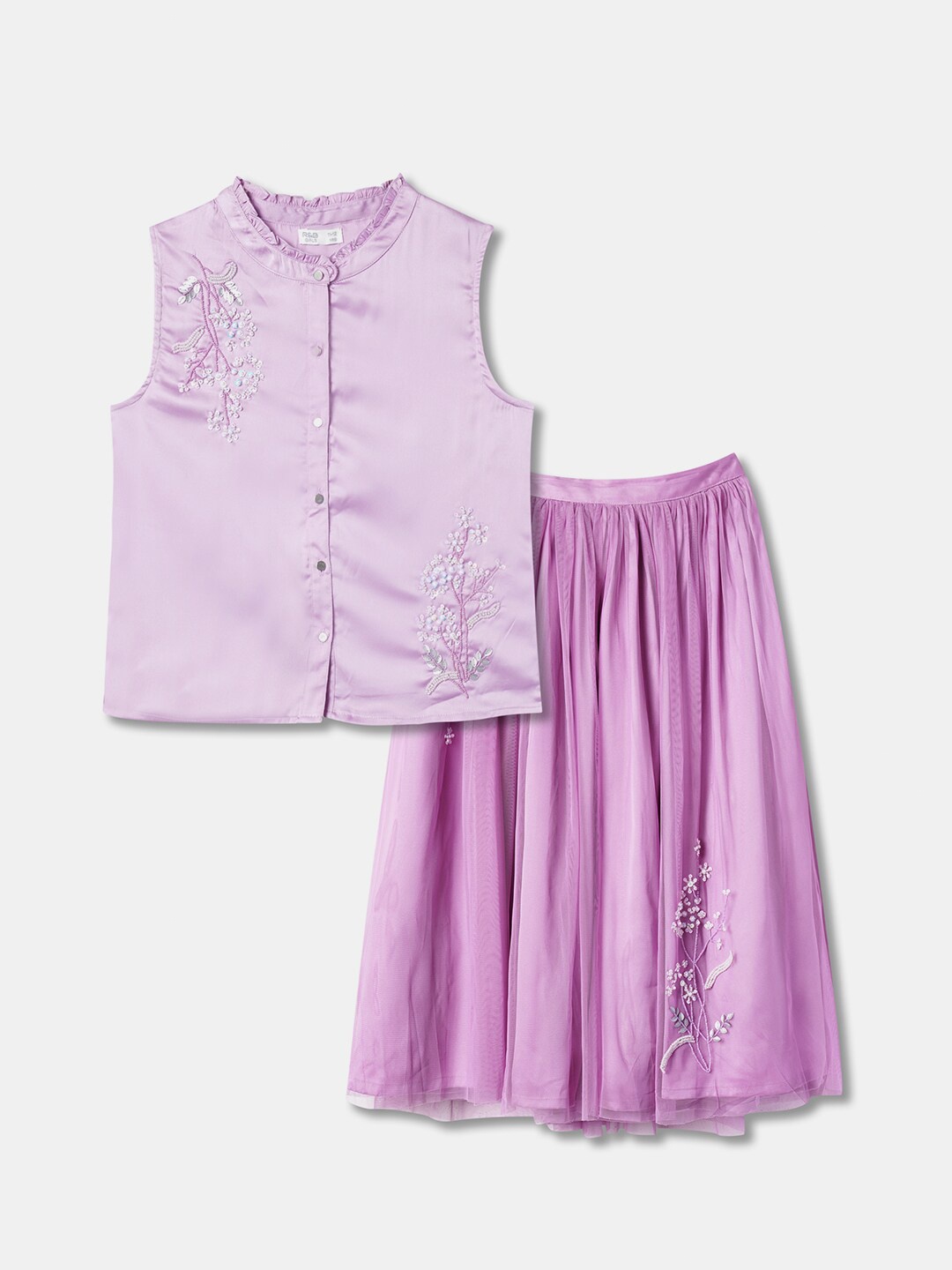 

R&B Girls Embroidered Sleeveless Mandarin Collar Top With Skirt, Lavender
