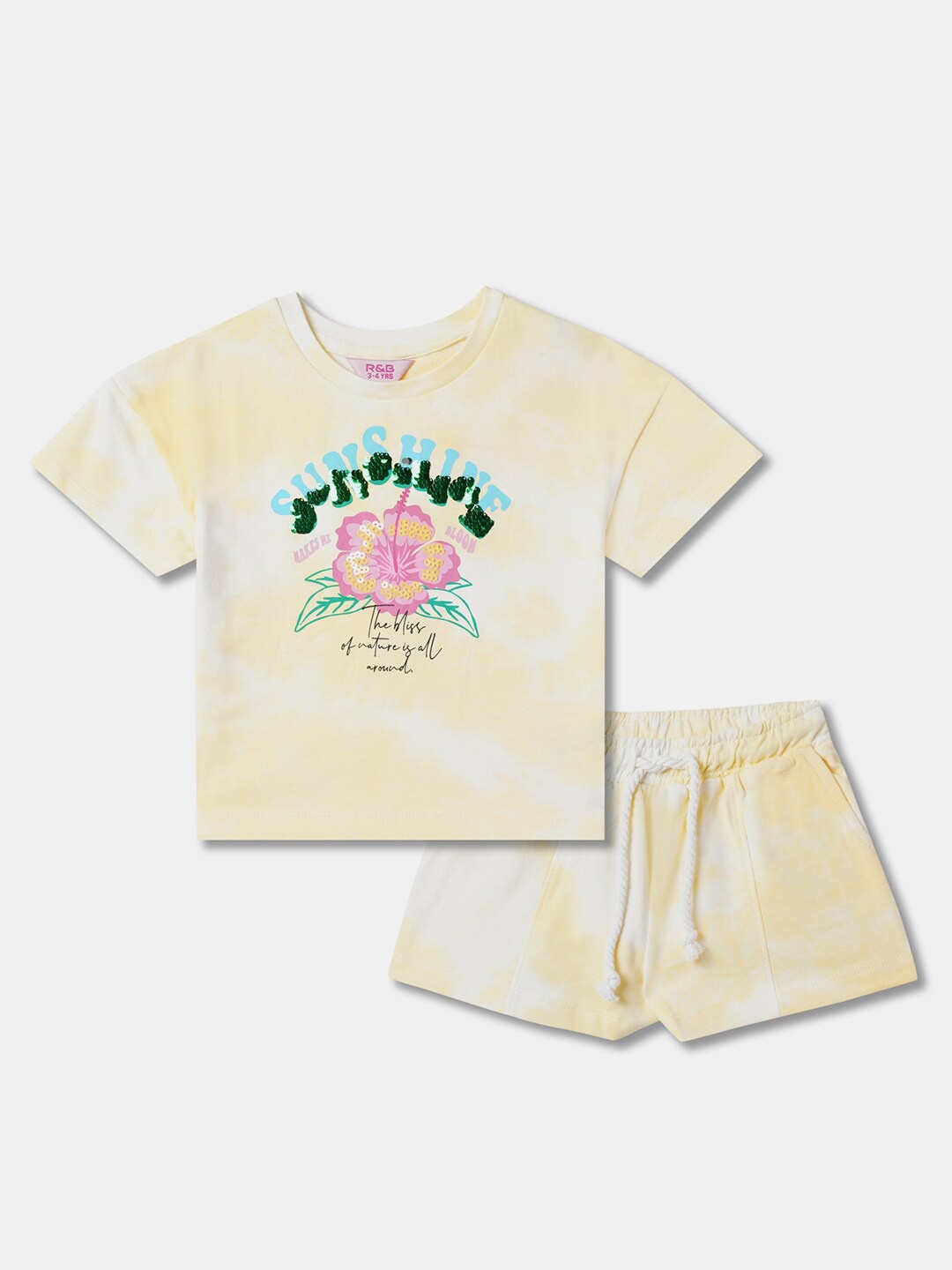 

R&B Girls Floral Printed Pure Cotton T-shirt With Shorts, Yellow