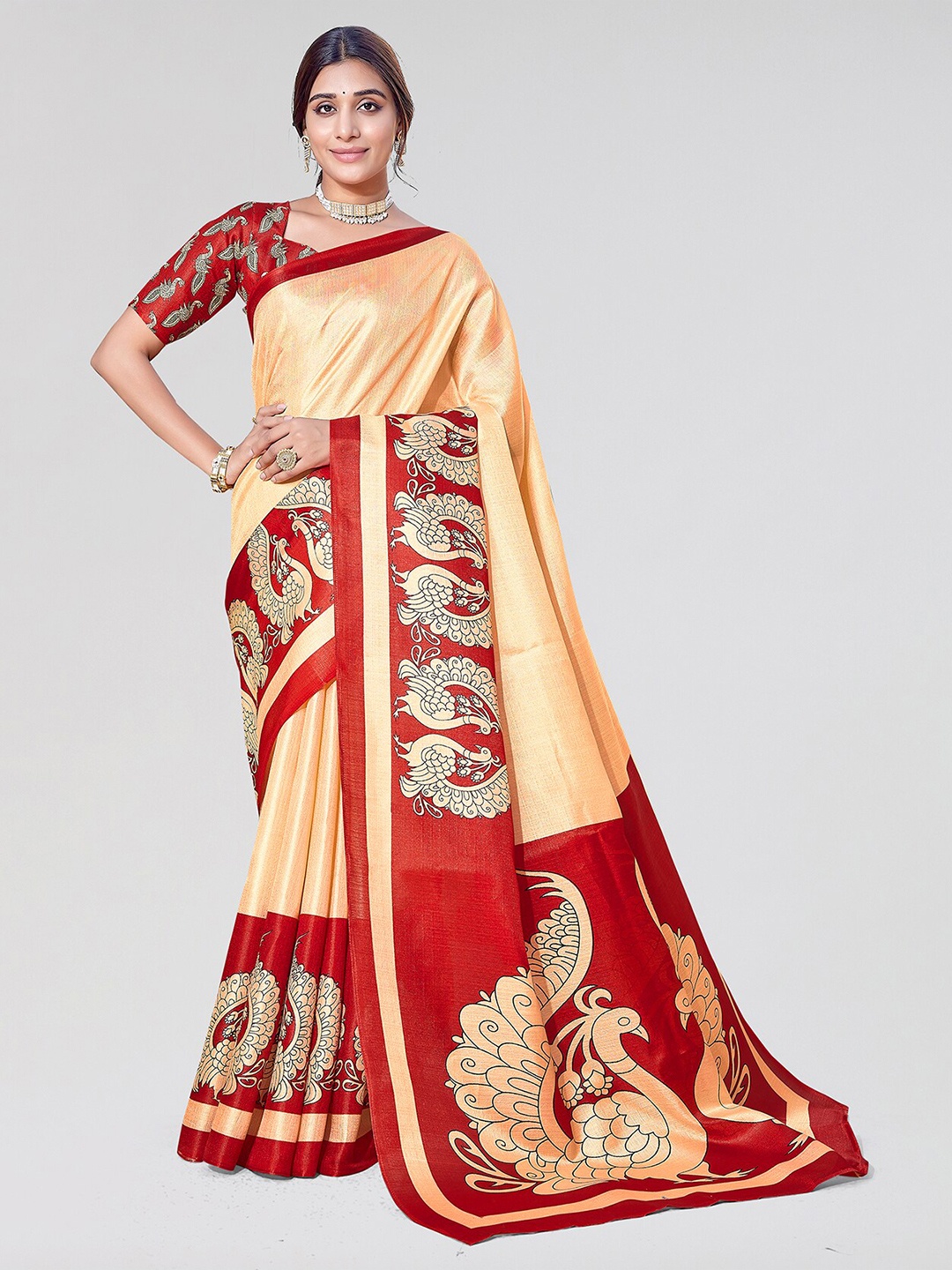 

Yashika Kalamkari Printed Mysore Silk Saree, Red