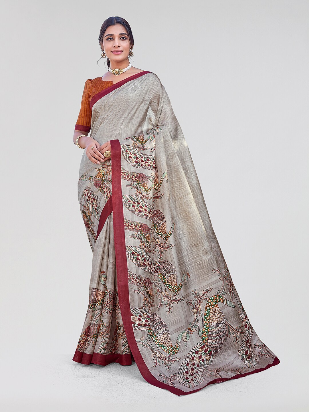 

Yashika Kalamkari Printed Mysore Silk Saree, Red