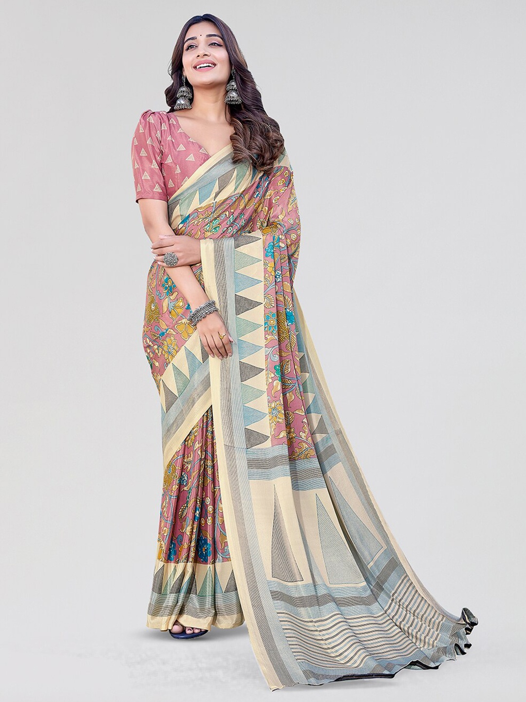 

Yashika Printed Kalamkari Saree, Pink