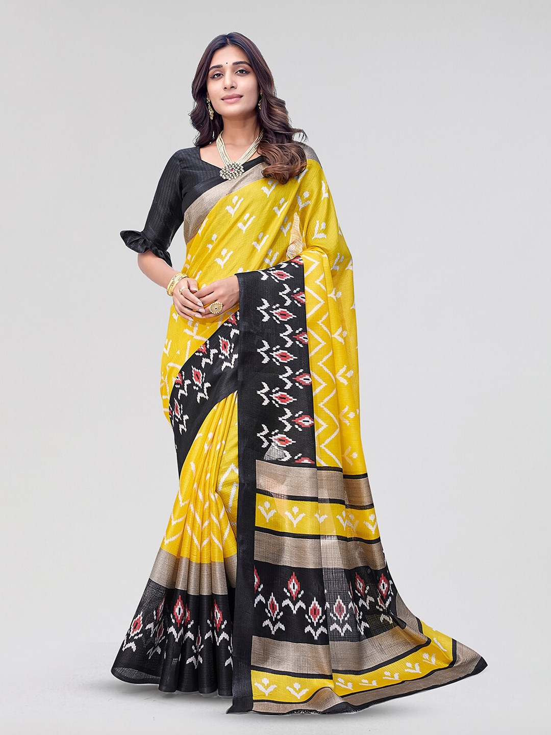 

Yashika Ethnic Motifs Printed Mysore Silk Saree, Yellow