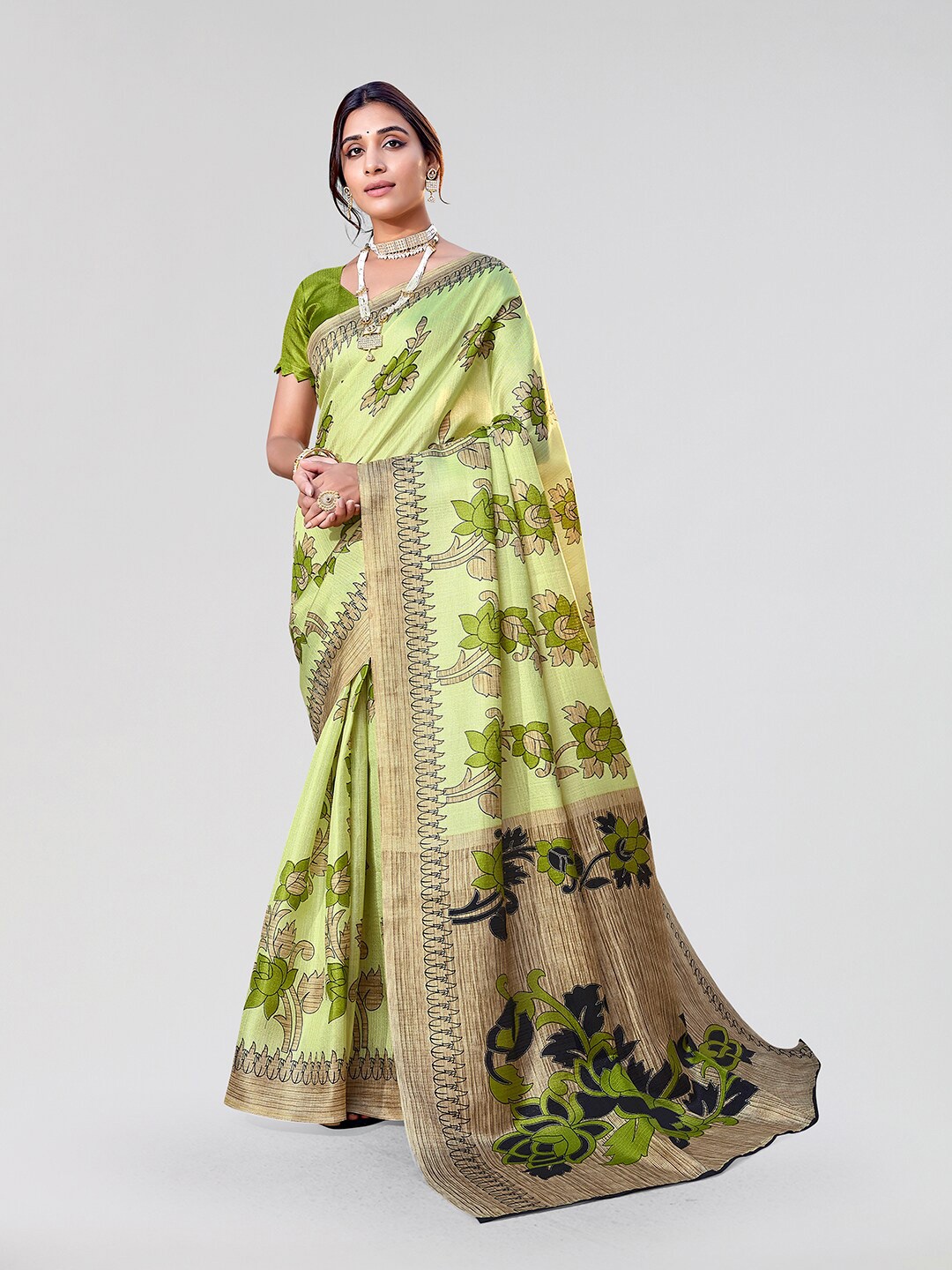 

Yashika Floral Printed Mysore Silk Saree, Green