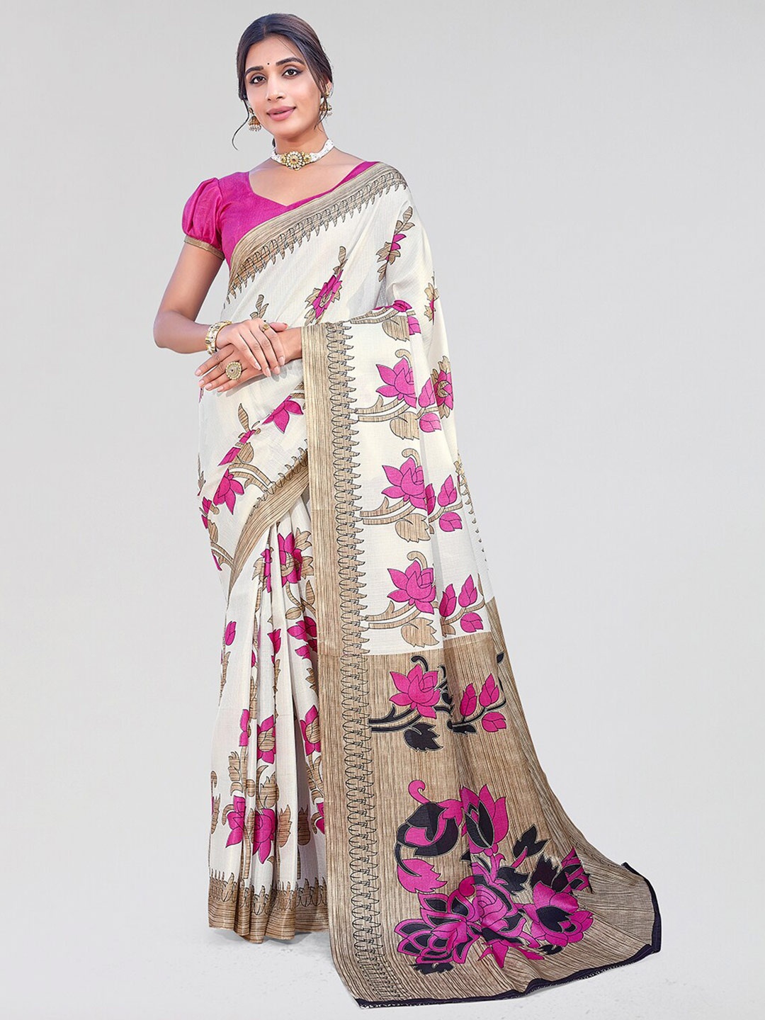 

Yashika Floral Printed Mysore Silk Saree, Pink