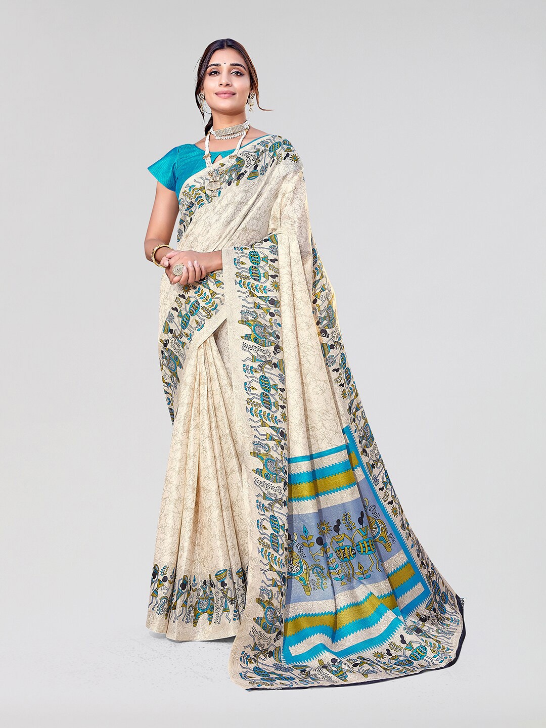 

Yashika Warli Printed Mysore Silk Saree, Blue