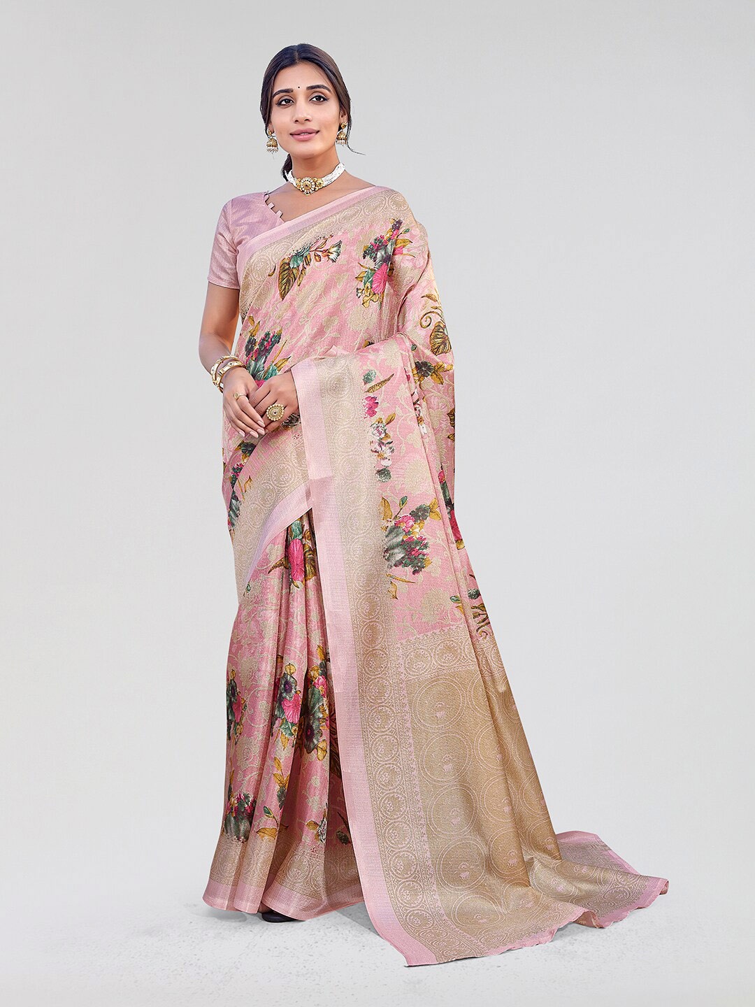 

Yashika Floral Art Silk Mysore Saree, Pink