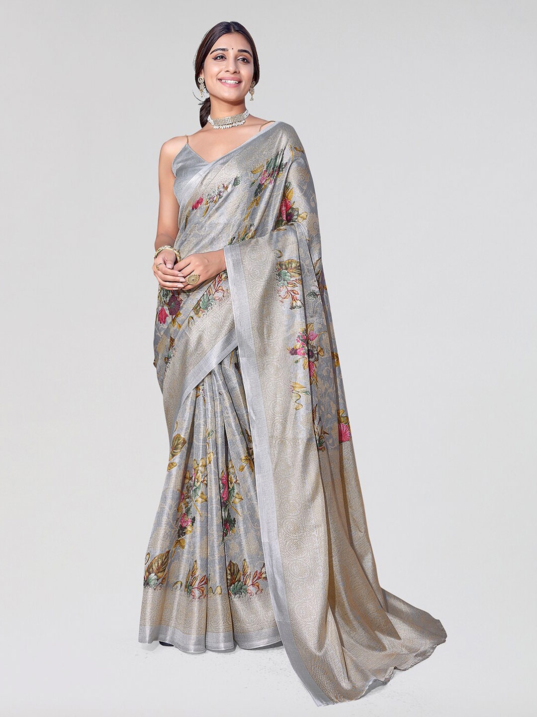

Yashika Floral Printed Zari Mysore Silk Saree, Grey