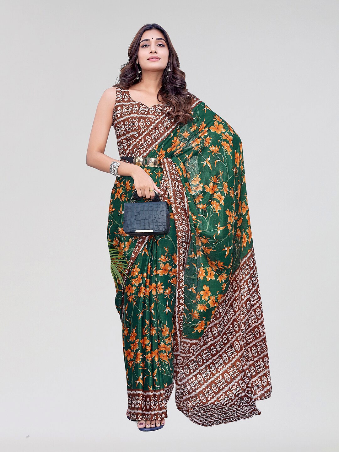 

Yashika Floral Printed Leheriya Saree, Green