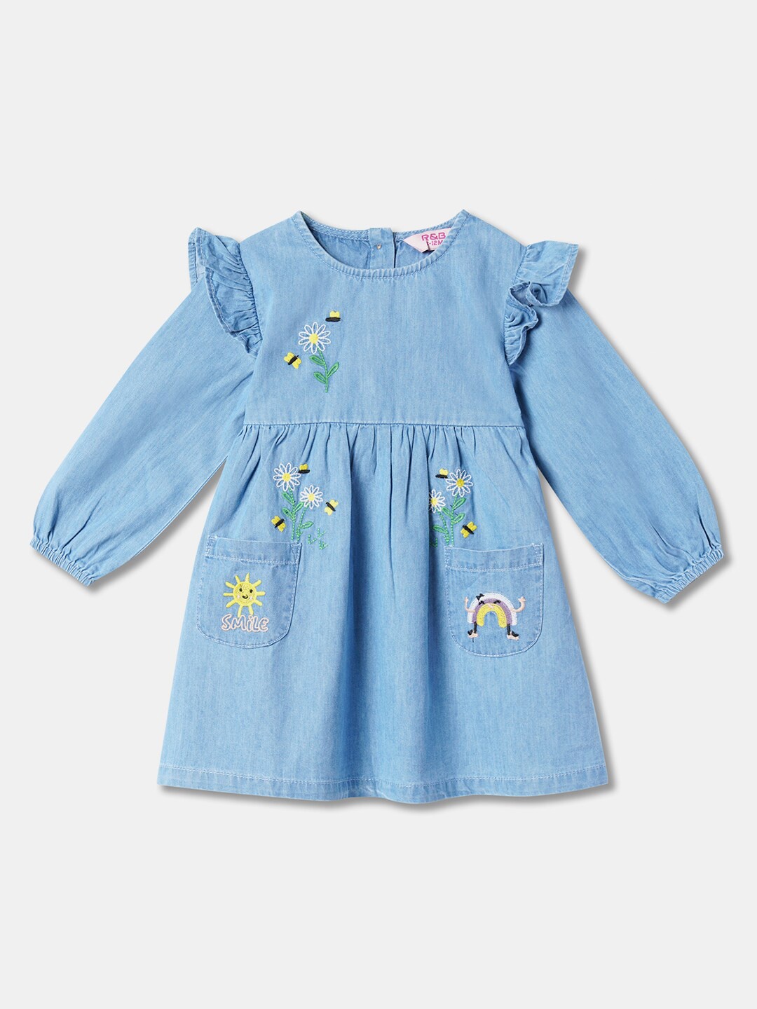 

R&B Girls Floral Embroidered A-Line Cotton Dress, Blue