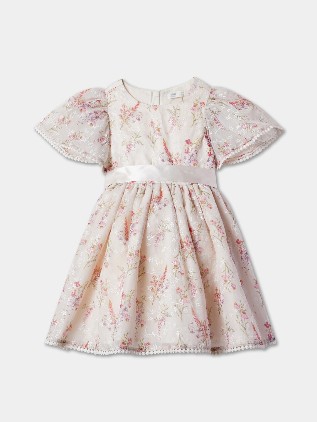 

R&B Girls Floral Printed Flared Sleeves Fit & Flare Dress, Pink