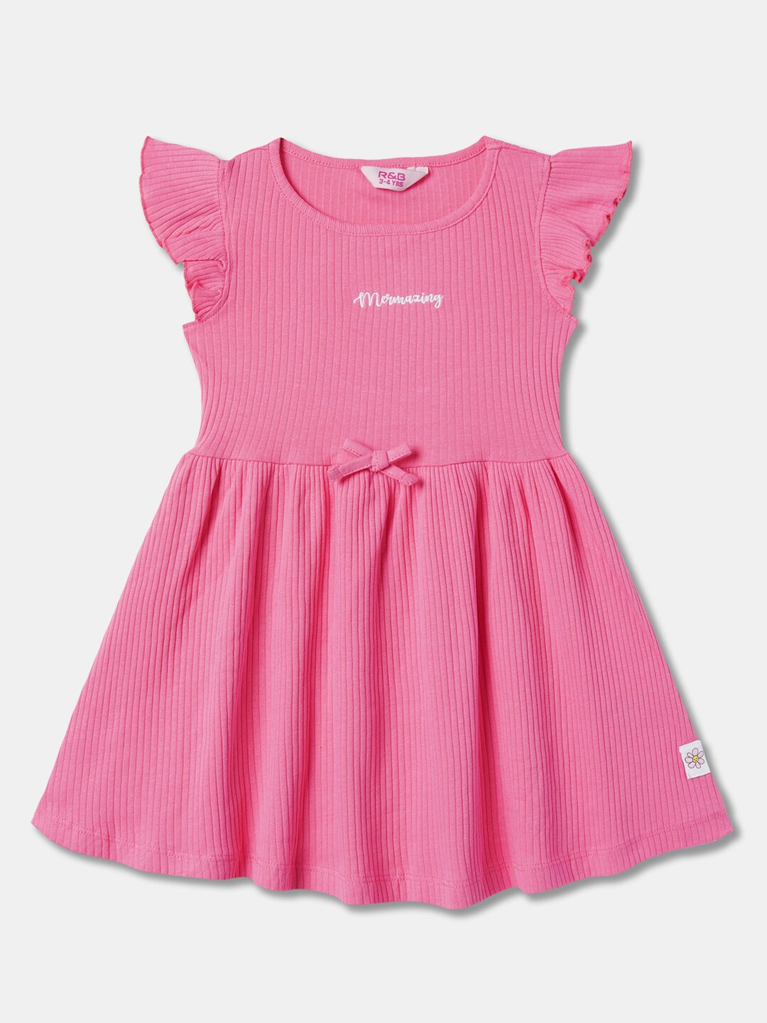 

R&B Girls Flutter Sleeves Cotton Fit & Flare Dress, Pink