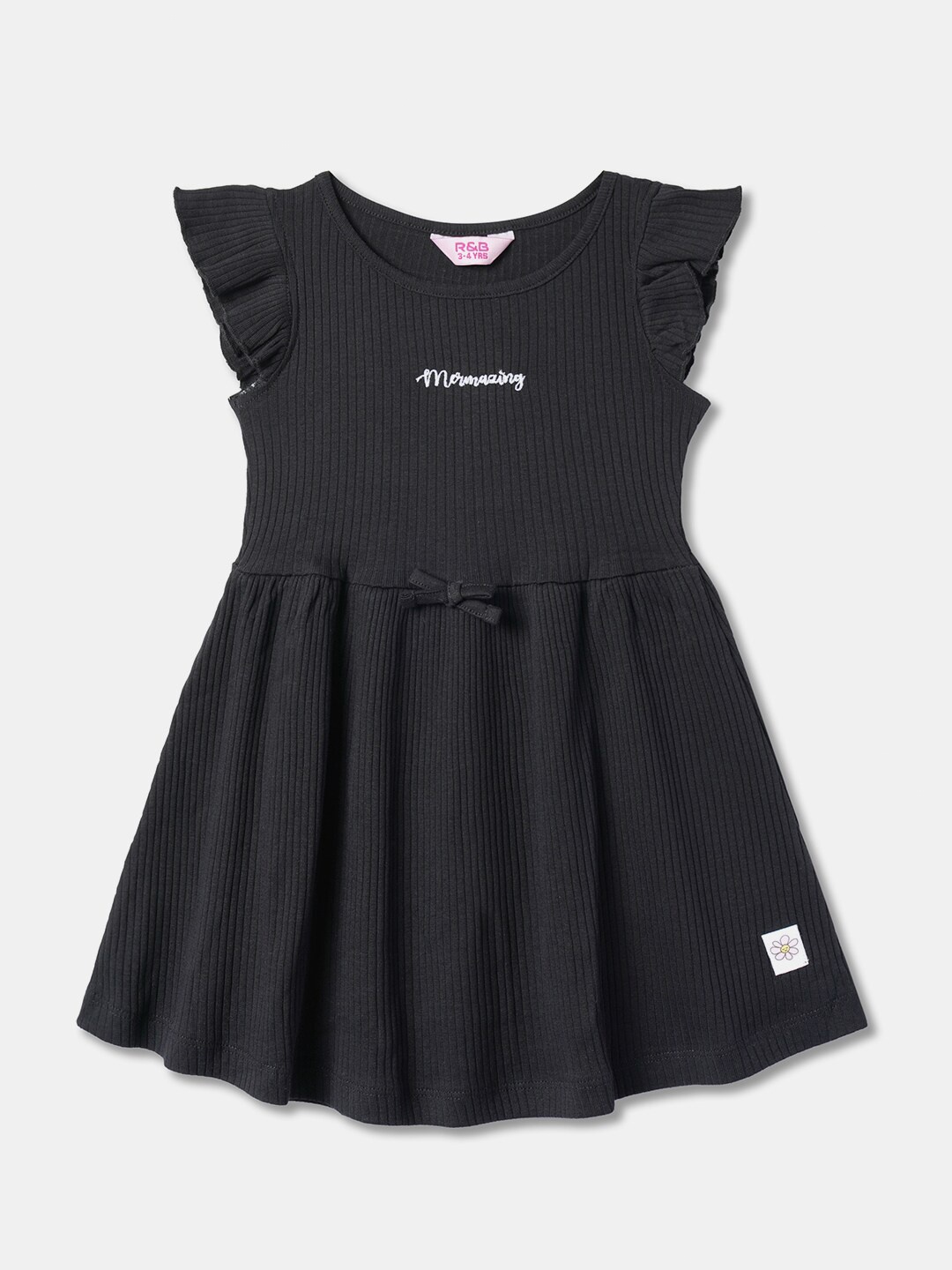 

R&B Girls Flutter Sleeves Cotton Fit & Flare Dress, Black