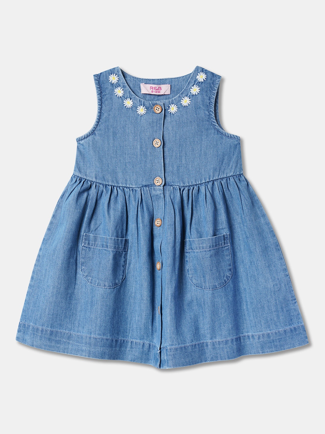 

R&B Girls Floral Embroidered Sleeveless Cotton Fit & Flare Dress, Blue