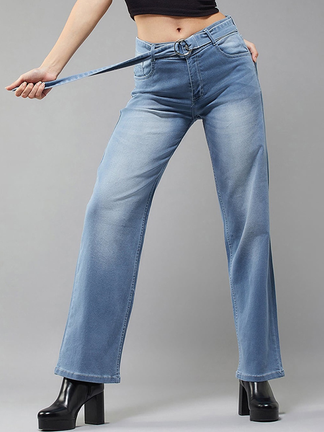 

Miss Chase Women Wide Leg Clean Look Light Fade Stretchable Jeans, Blue