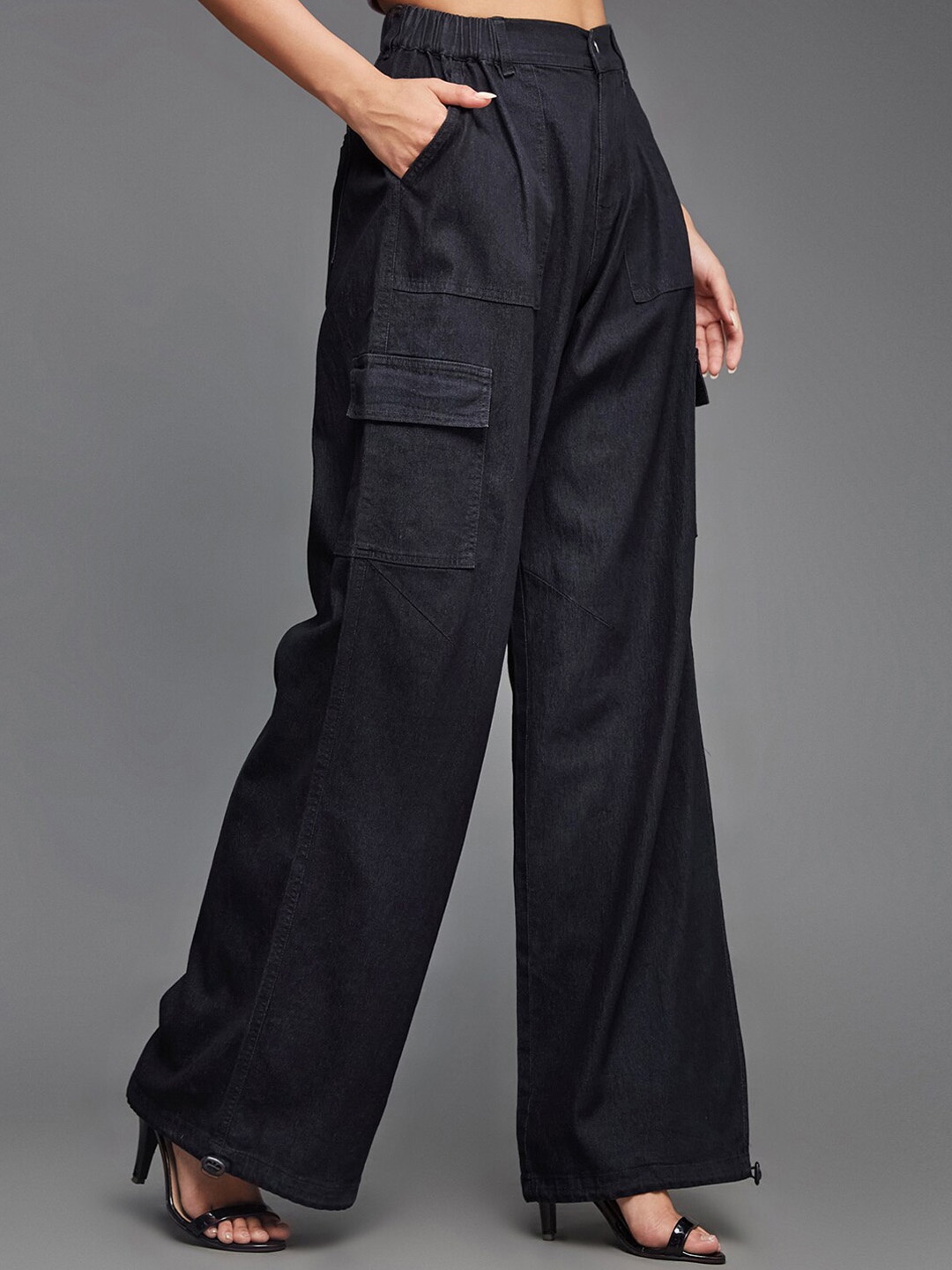 

Miss Chase Women Straight-Fit High-Rise Stretchable Light Weight Denim Parachute Pants, Black