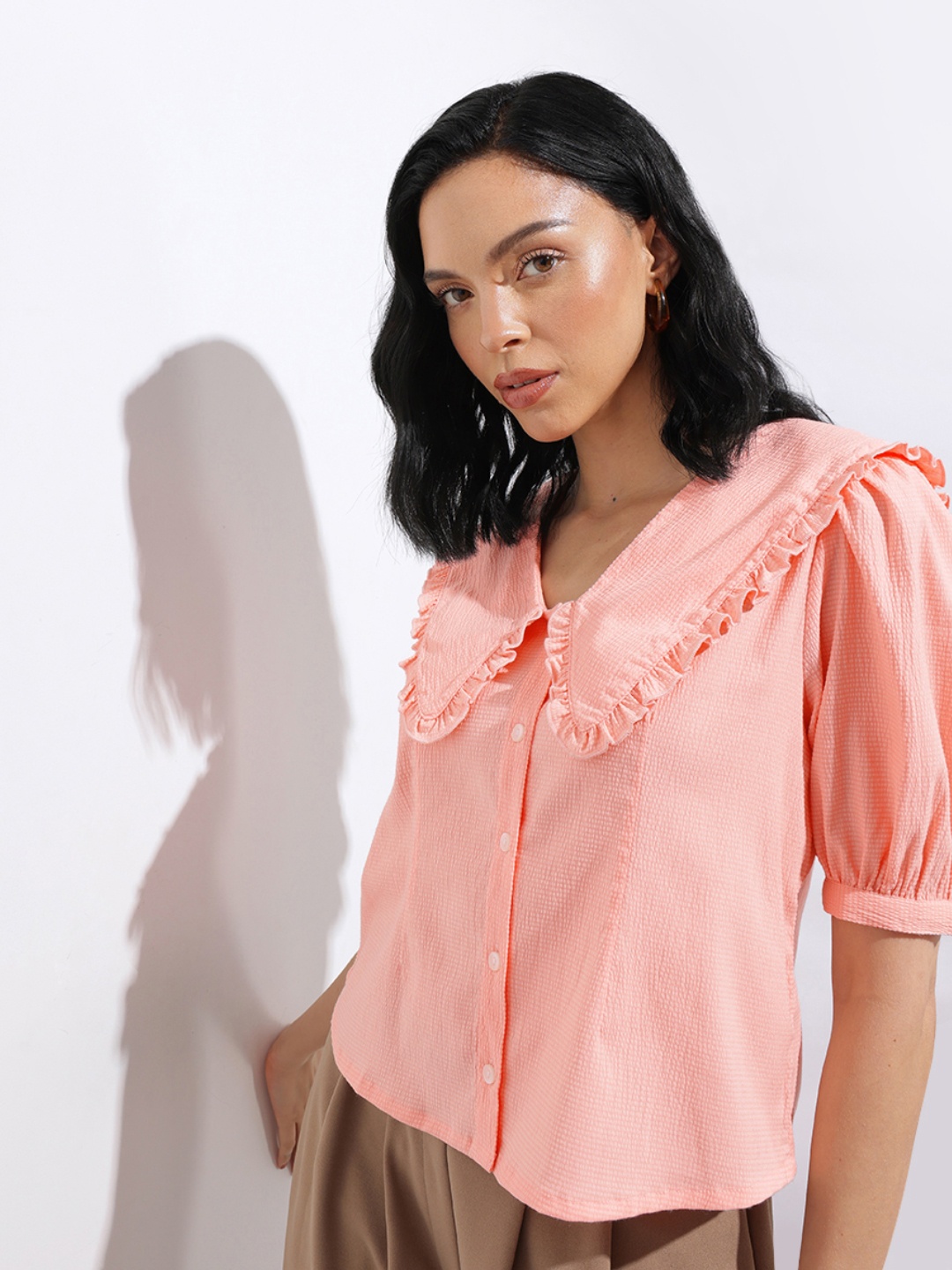 

DressBerry Peach Fuzz Retro Chic Textured Shirt Style Top