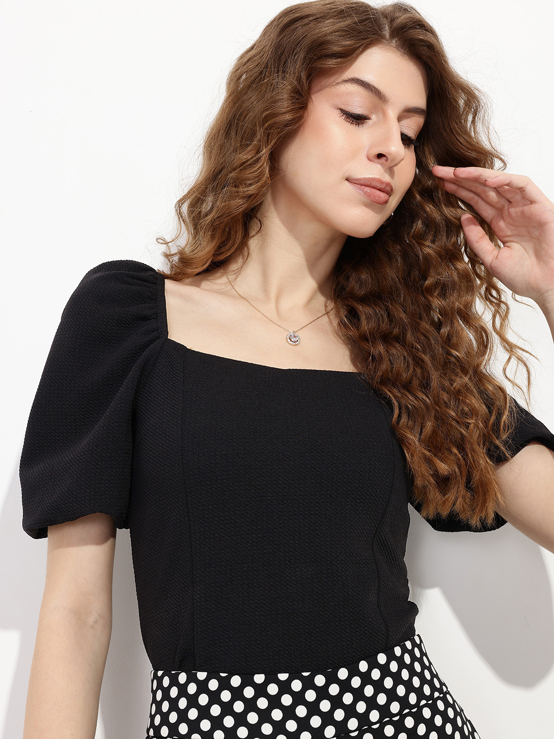 

DressBerry Texture Play Power Puff Sleeve Top, Black