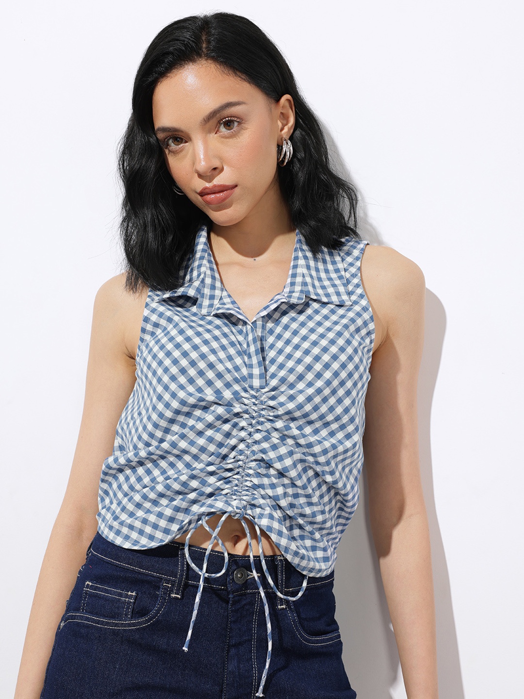 

DressBerry Ruched Knot Checkered Crop Top, Navy blue