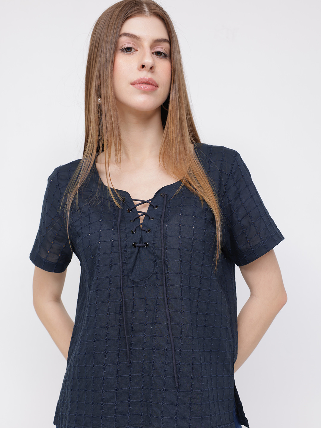 

DressBerry Boho Vibe Lace-Up Schiffli Top, Navy blue