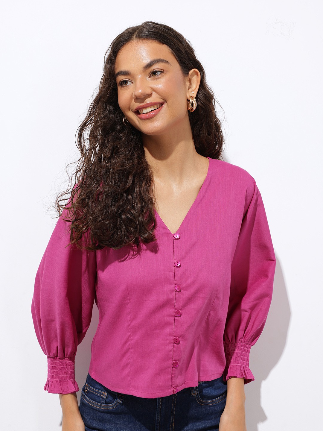 

DressBerry Vivid Vintage Plungeing V-Neck Shirt Style Top, Magenta