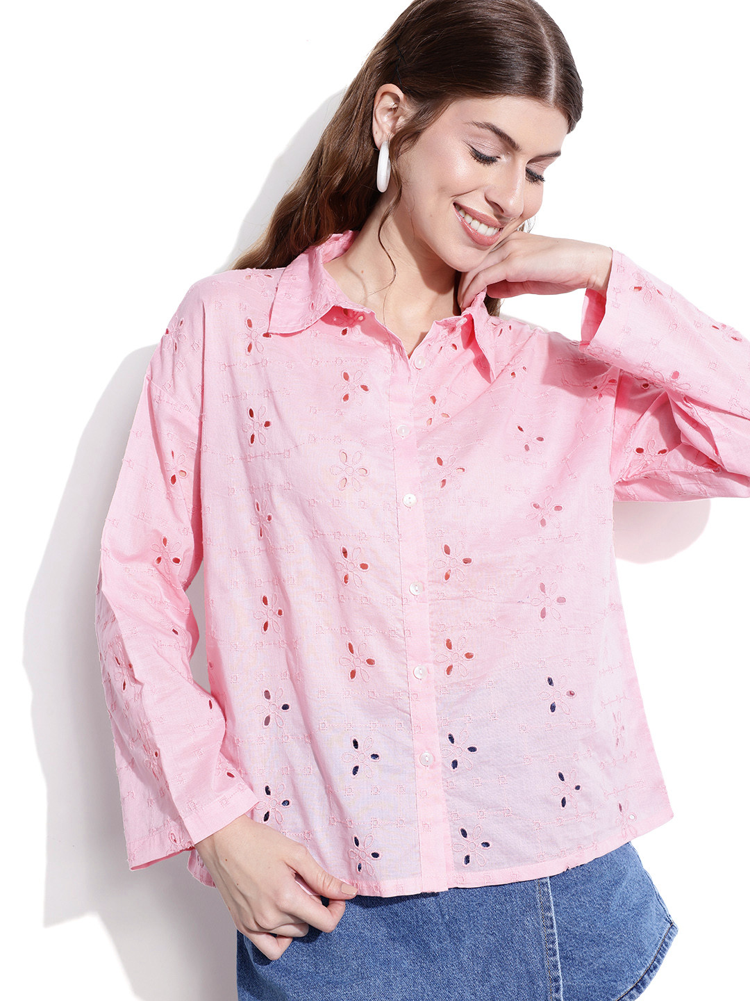 

DressBerry Blush Pink Dainty Schiffli Oversized Shirt