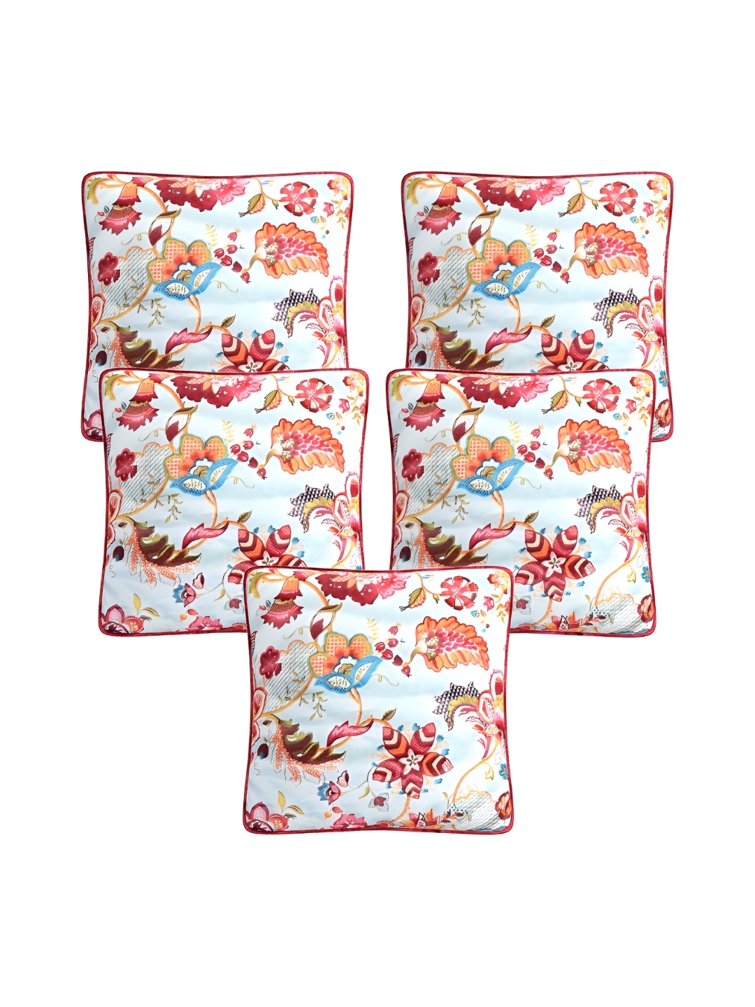 

TEAL BY CHUMBAK White & Red 5 Pieces Floral Printed Square Cushion Covers