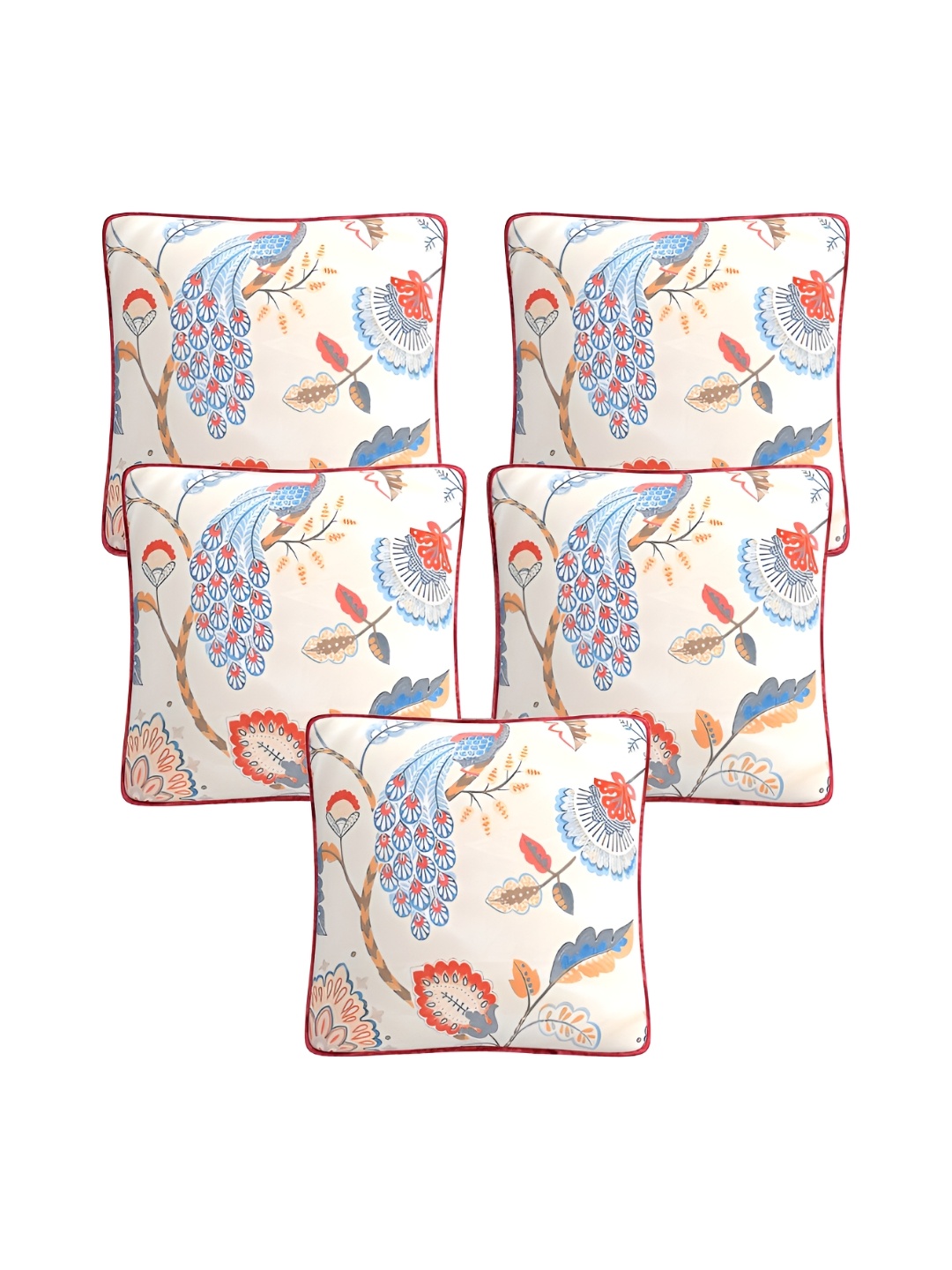 

TEAL BY CHUMBAK White & Red 5 Pieces Floral Printed Square Cushion Covers