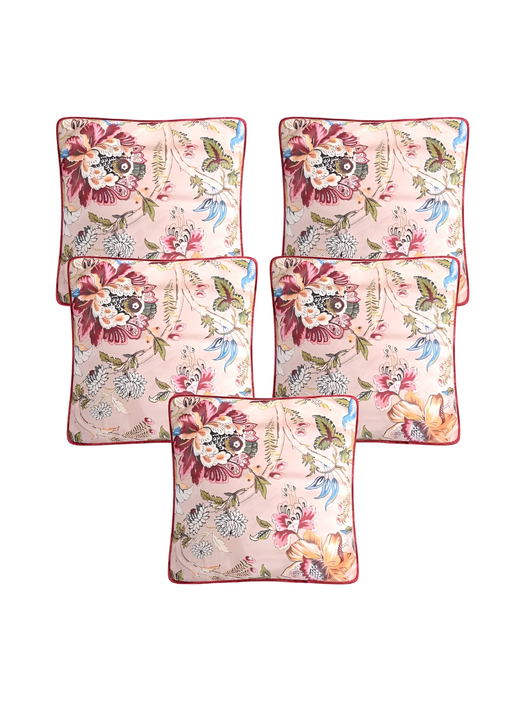 

TEAL BY CHUMBAK Green & Peach 5 Pieces Floral Printed Square Cushion Covers