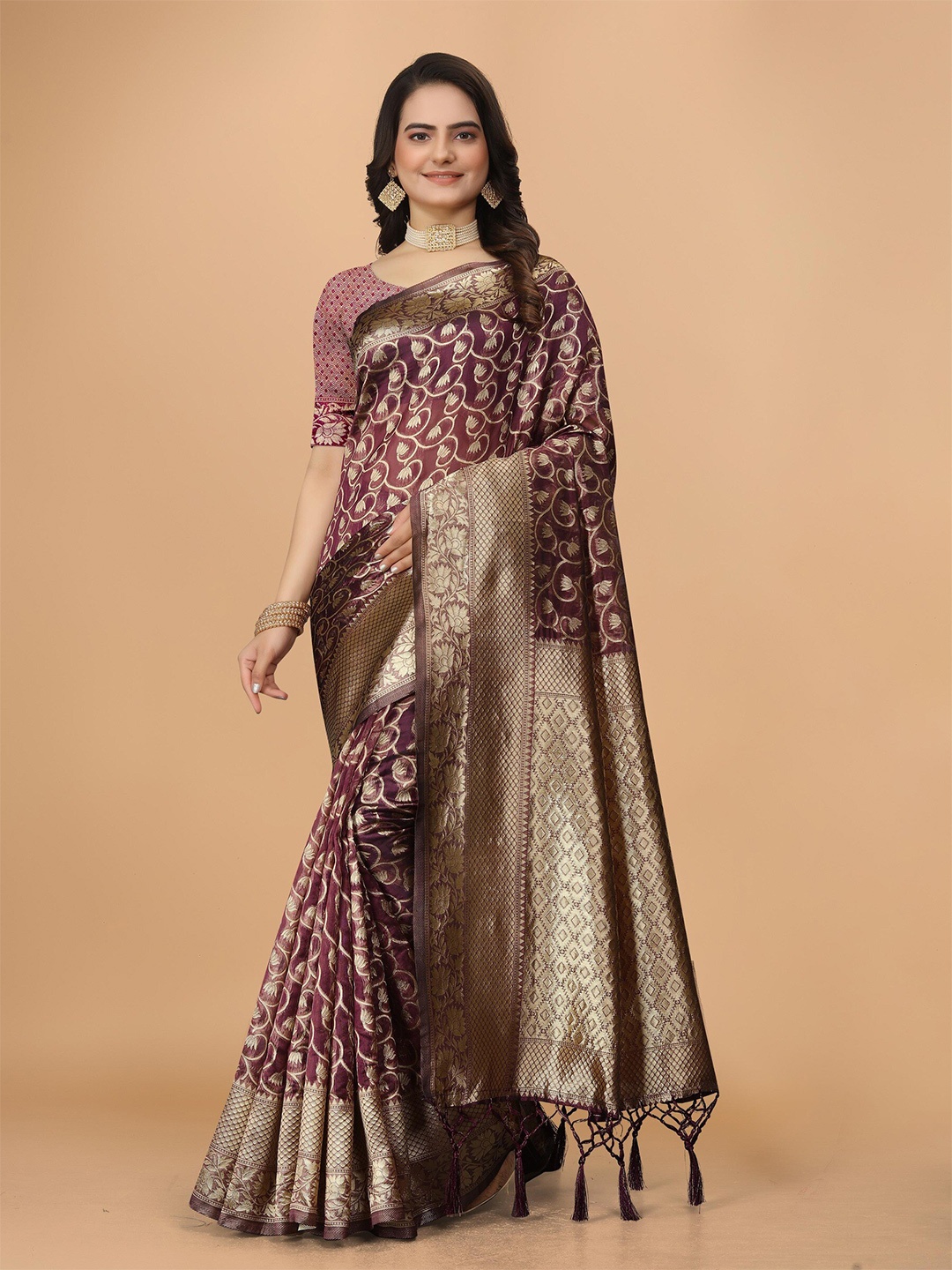 

DRIZOMIZ Floral Woven Design Zari Organza Saree, Purple