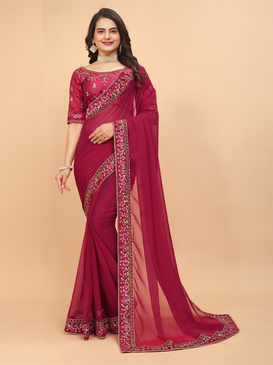 

DRIZOMIZ Embroidered Maheshwari Saree, Pink