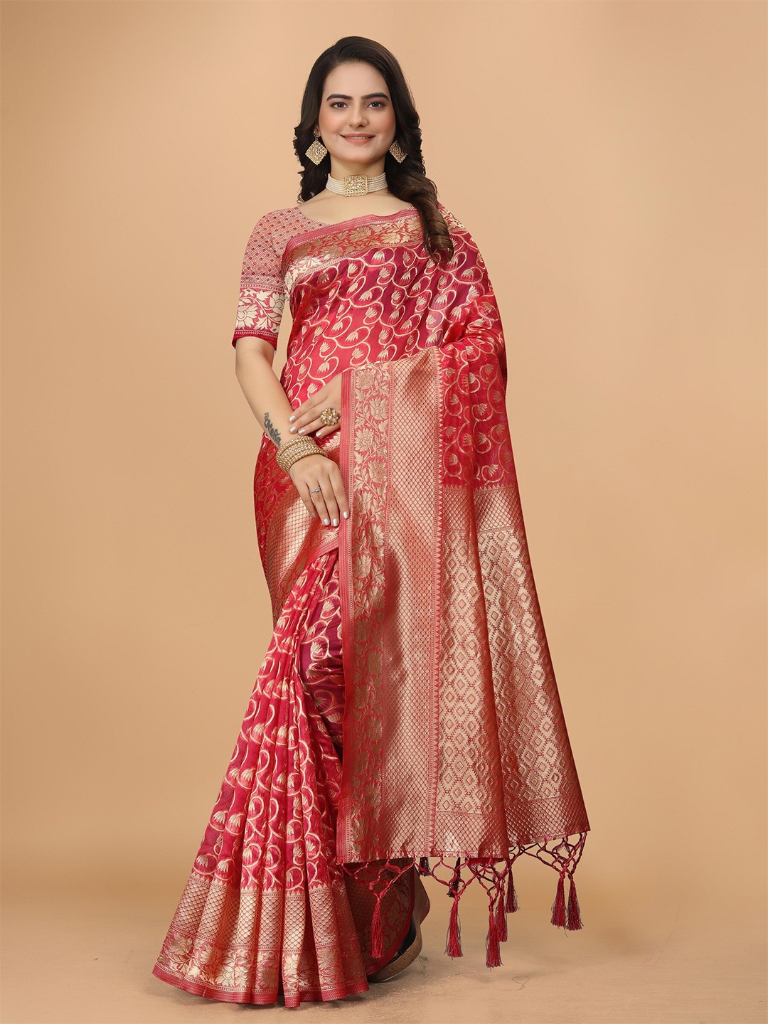 

DRIZOMIZ Floral Woven Design Zari Organza Saree, Pink